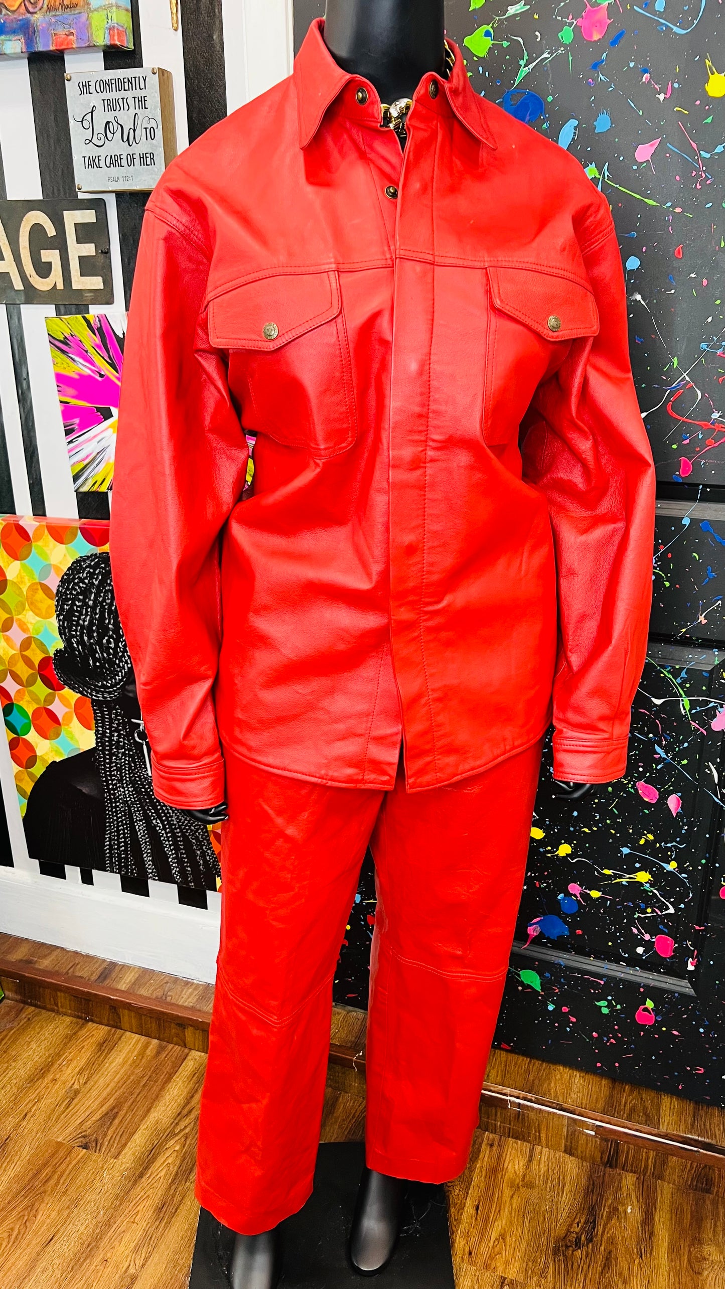 Vintage Red Genuine Leather Pants Set (16/18)