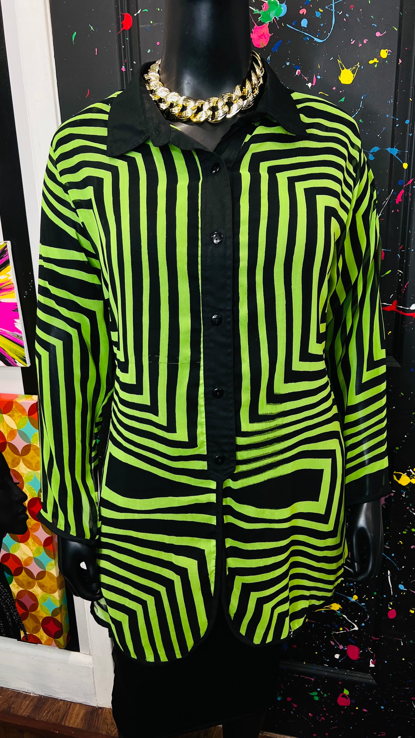 Vintage Green & Black Flowy Blouse/Swimsuit Cover (18)