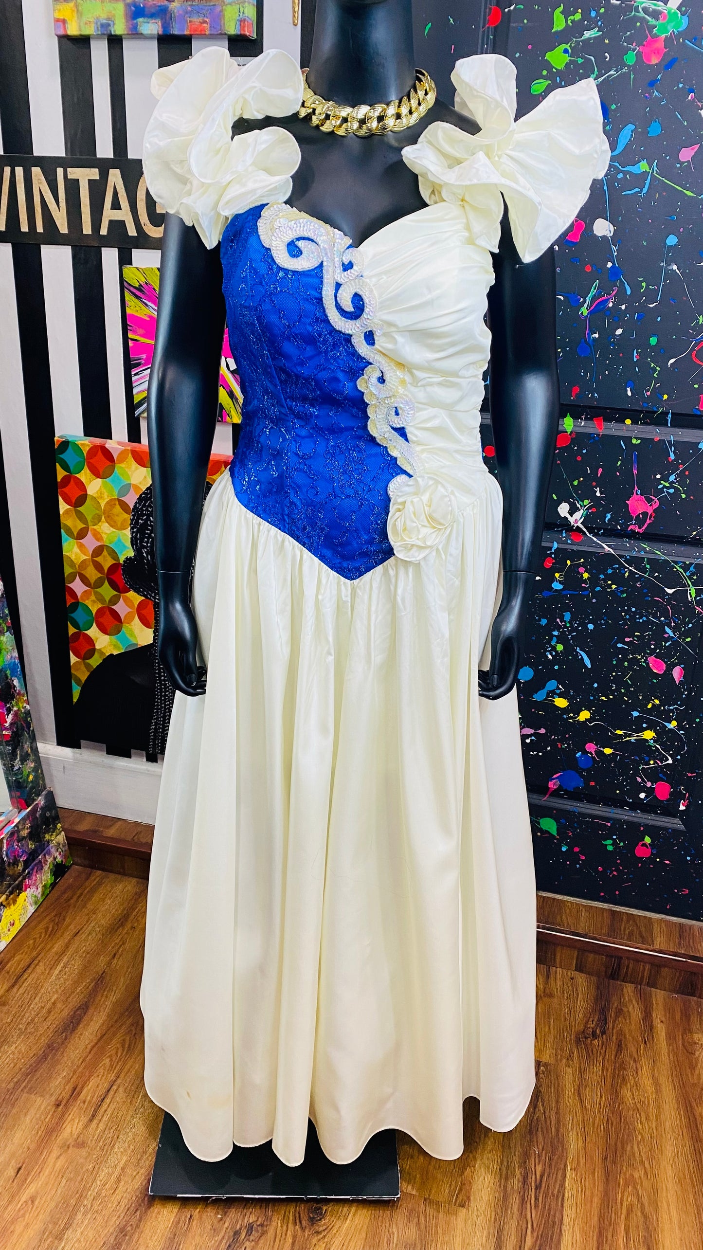 Vintage Blue & Off White Wedding Gown (18) Fits Like a Modern 12/14