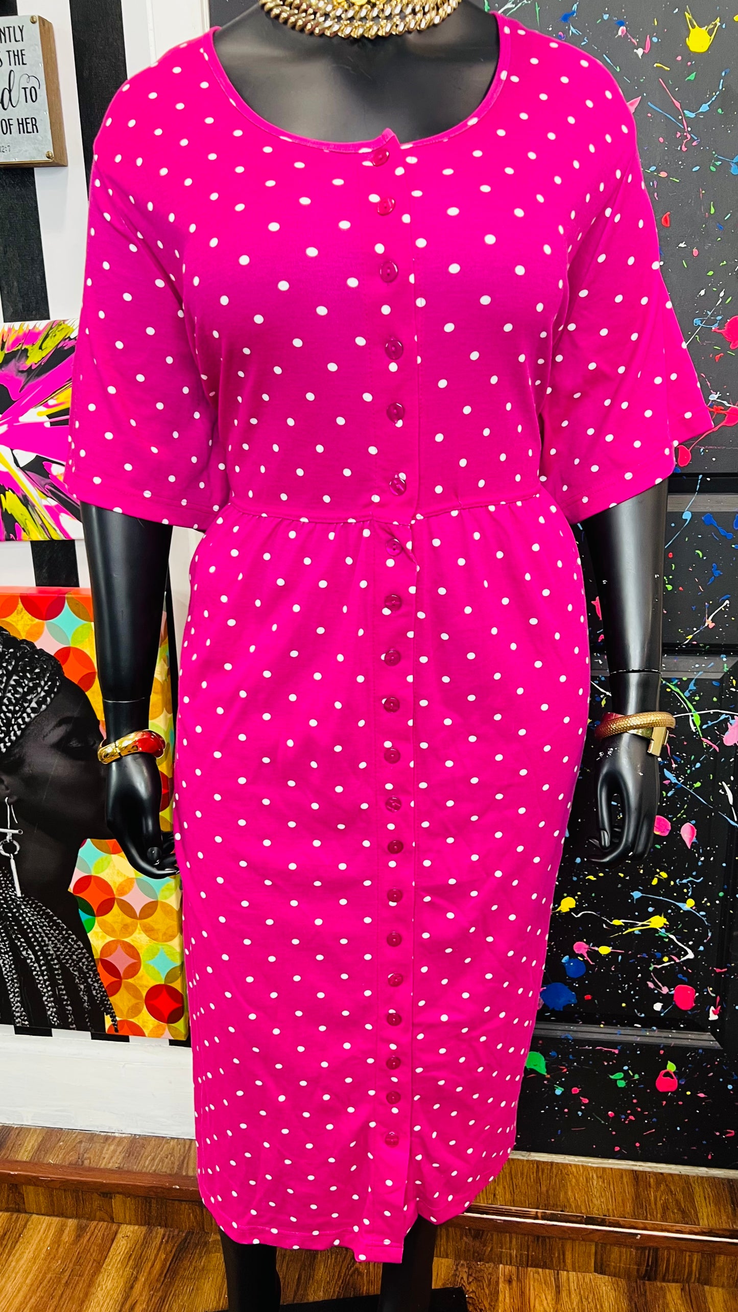 Vintage Pink & White Cotton Polka Dot Dress(24)