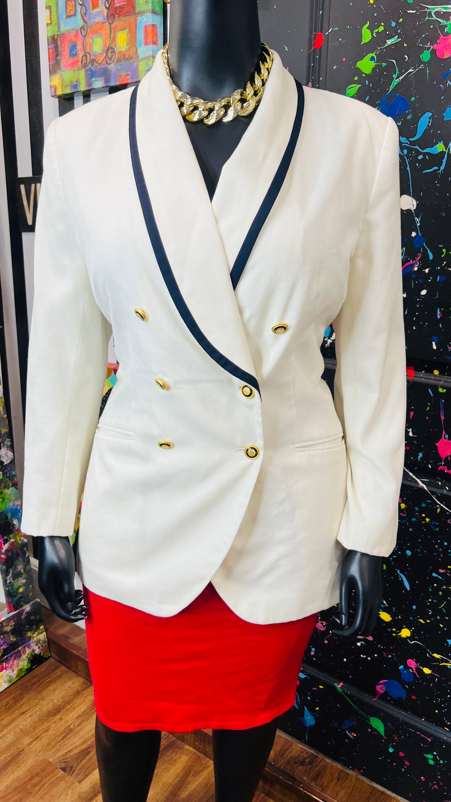 Vintage Cream Navy Blue & Gold Blazer (18W)