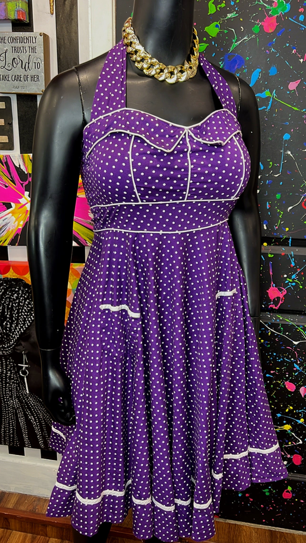 Vintage Inspired Cotton Purple & White Polka Dot Dress (12)