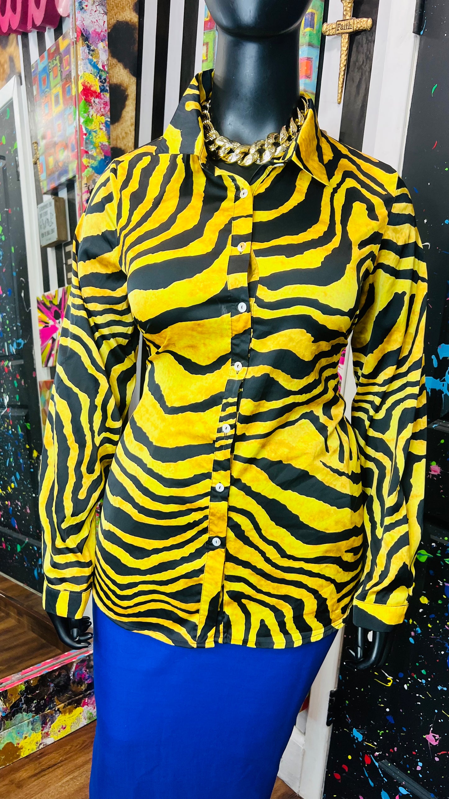 Gold Tiger Print Blouse Long Sleeve Blouse (20)