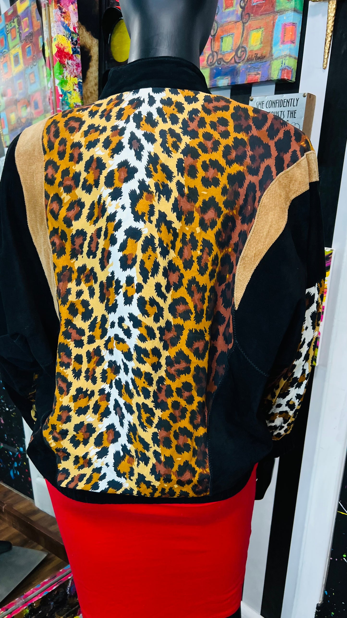 Vintage Genuine Suede Leather & Rayon Studded Animal Print Jacket (16/18)