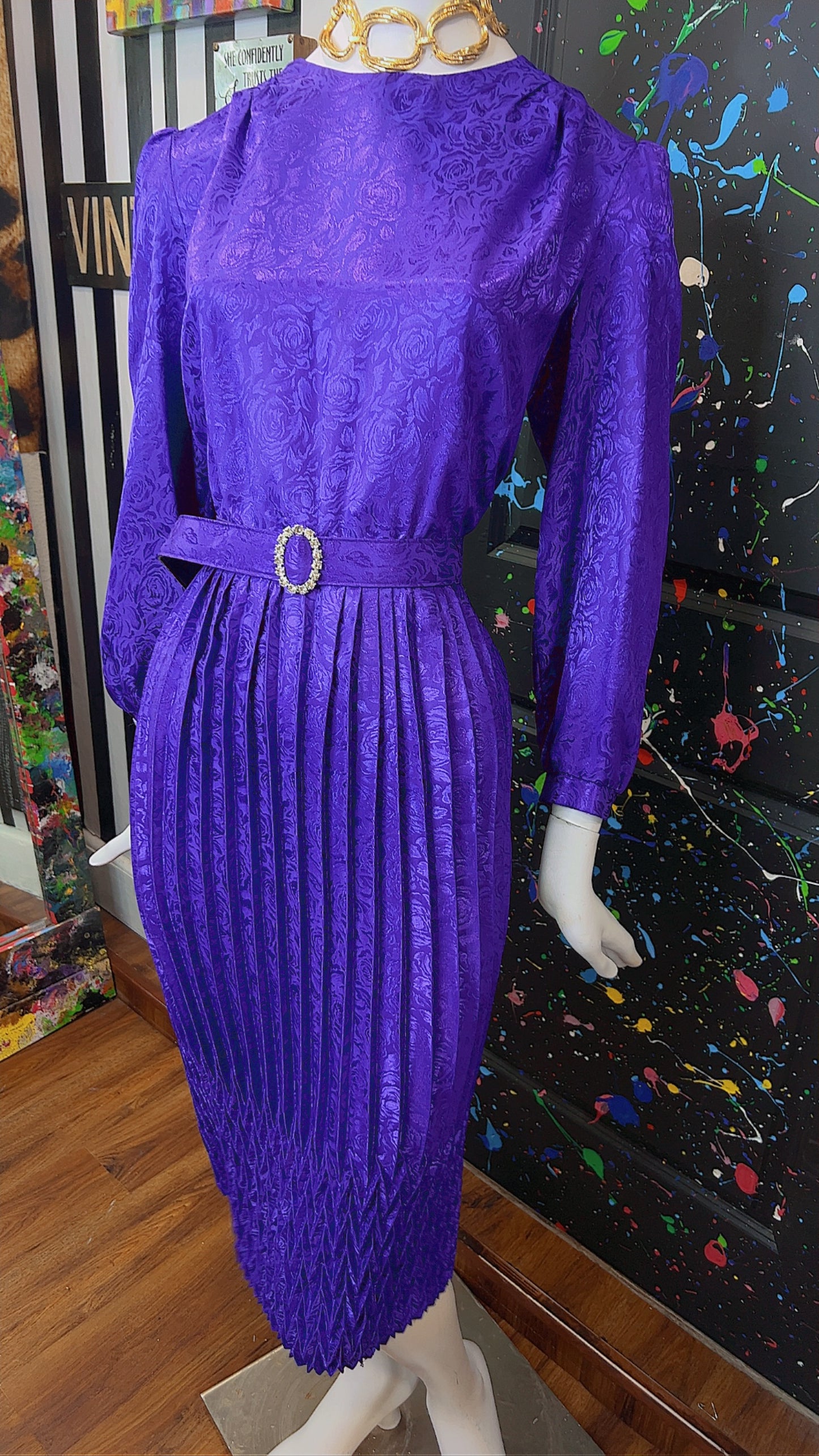 Vintage Purple Pleated Dress w/ Belt (16)