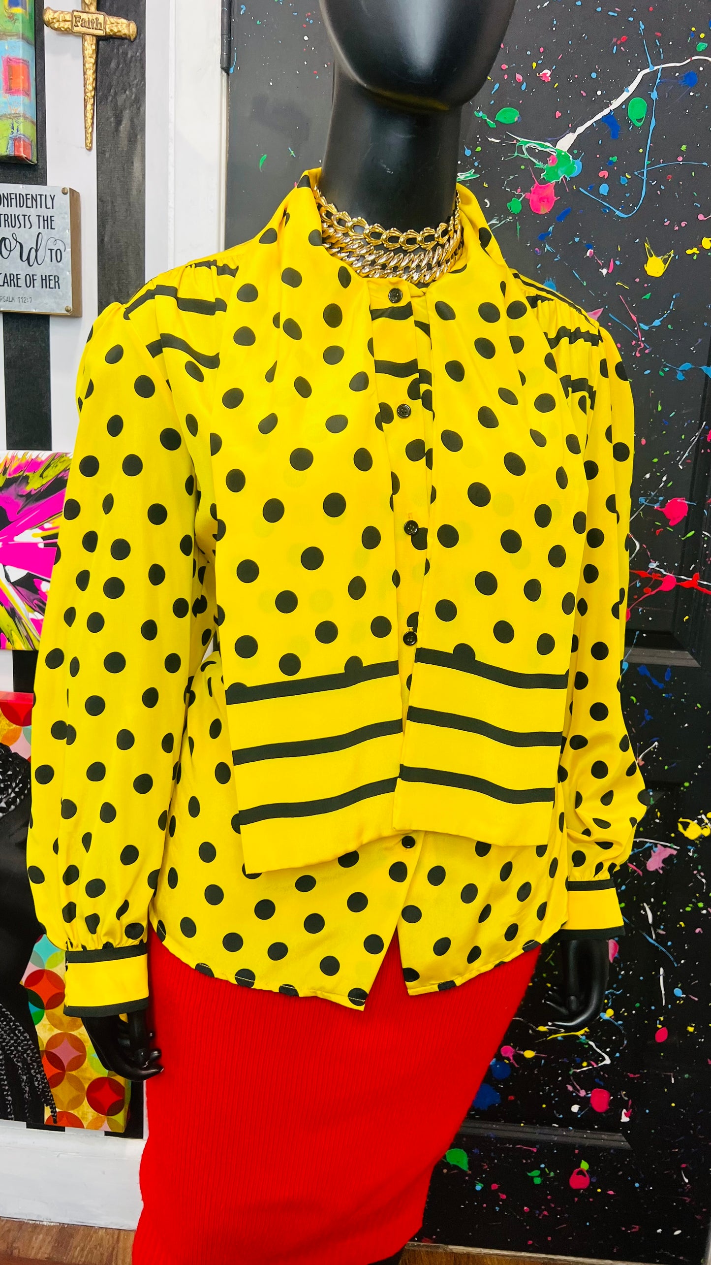 Vintage Yellow Stripes & Polka Dot Blouse (24W)