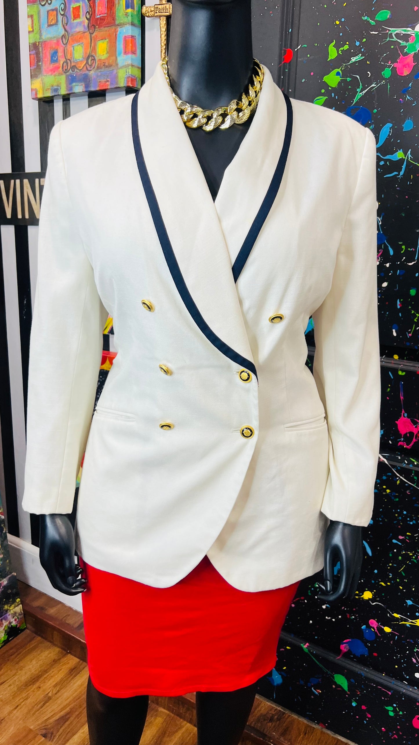 Vintage Cream Navy Blue & Gold Blazer (18W)