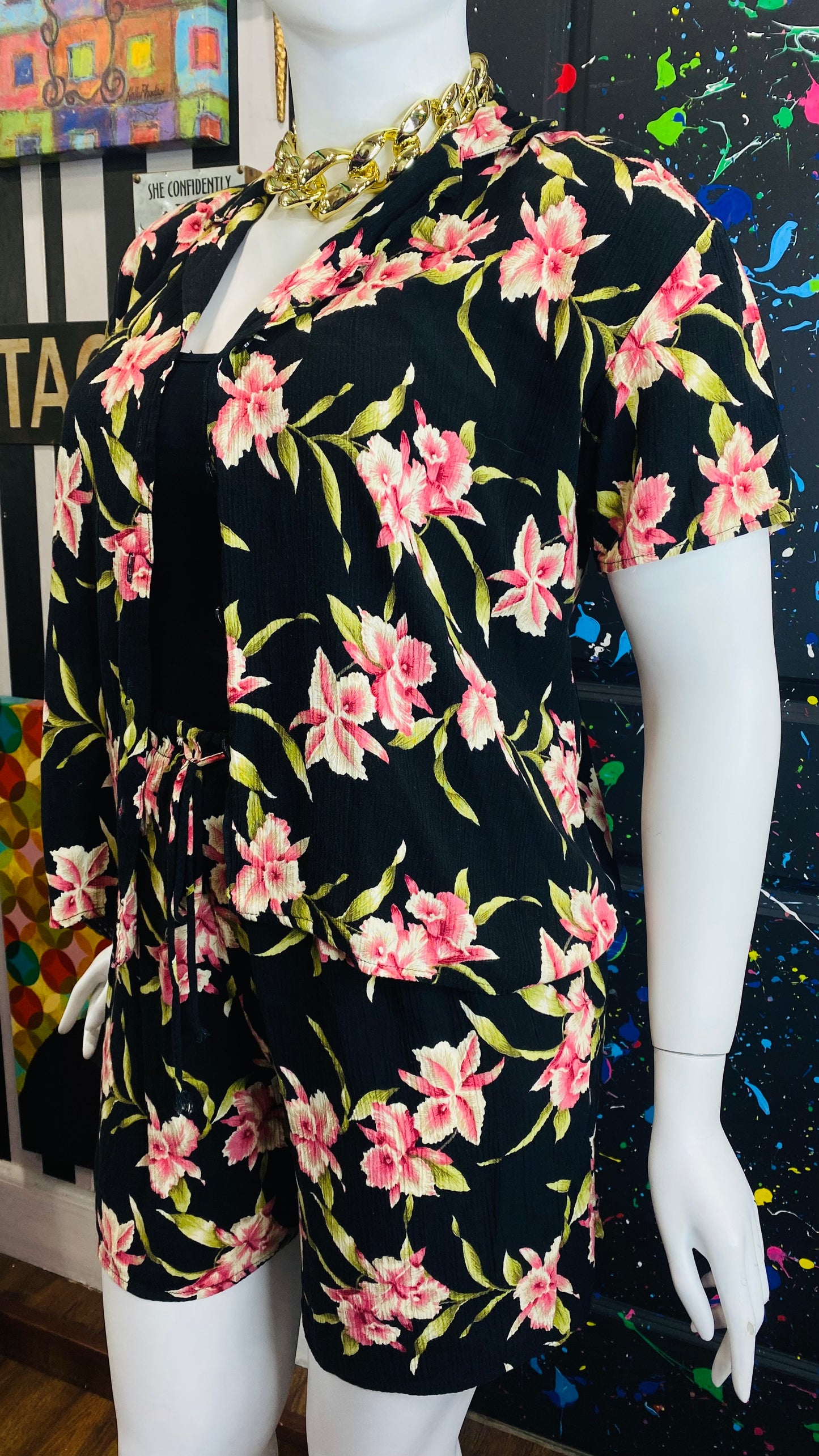 Vintage Floral Rayon Shorts Set (16/18)