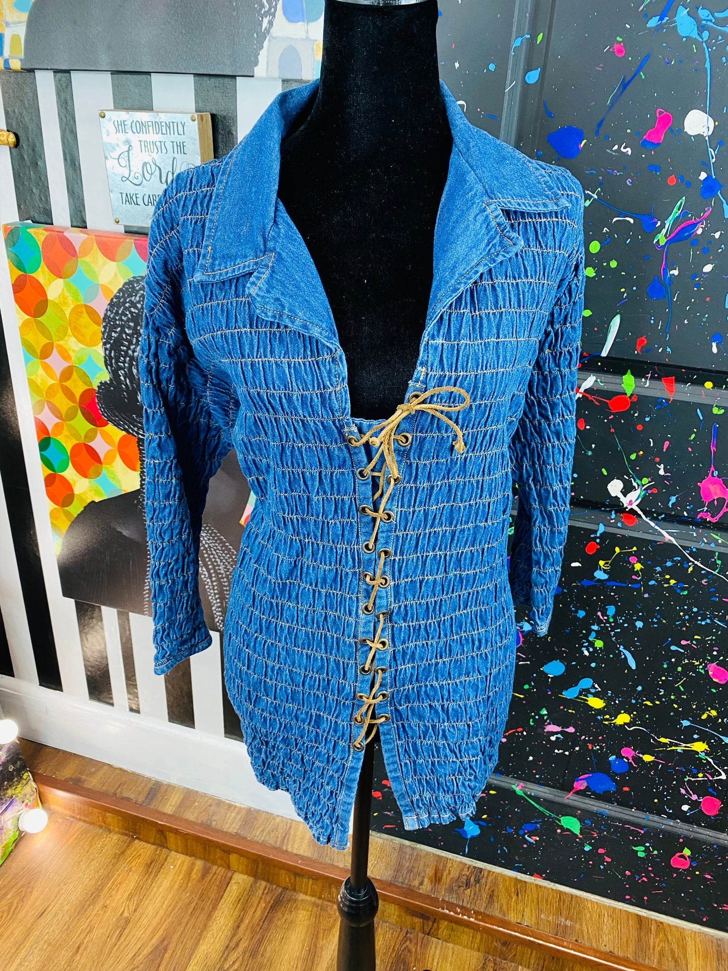 Vintage Denim Stretch Long Sleeve Blouse