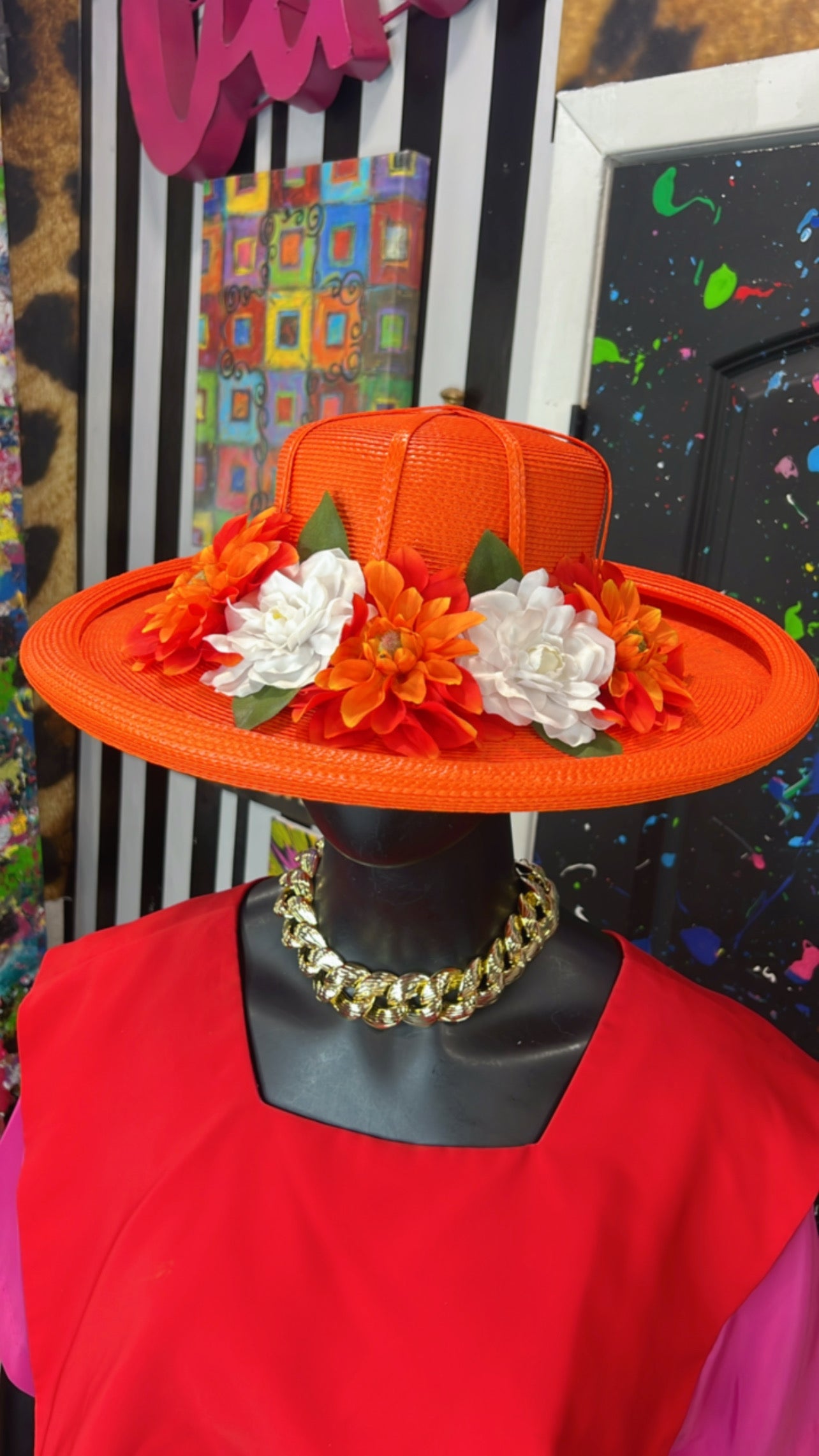 Vintage Straw Orange Floral Hat
