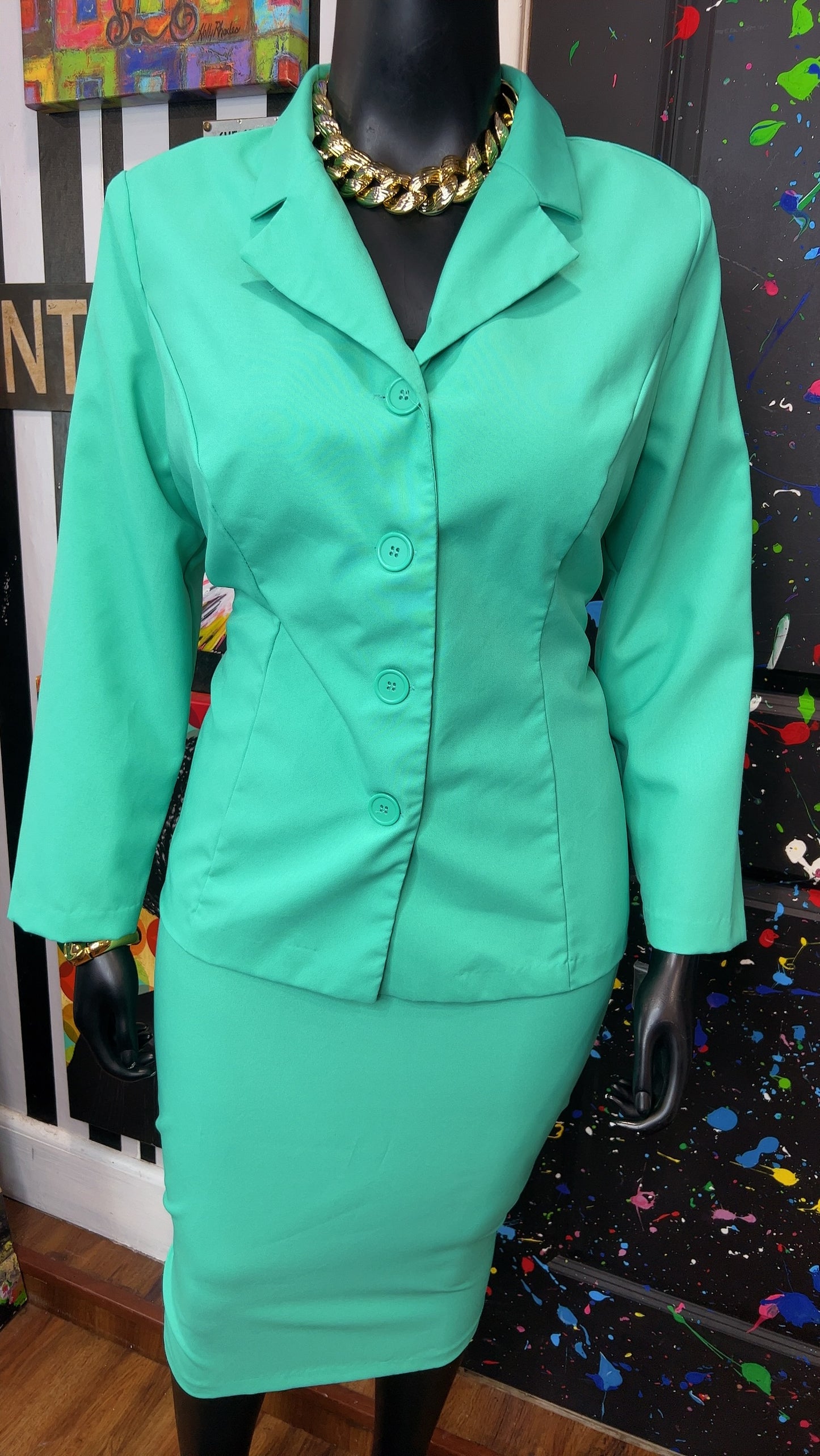 Vintage Teal Skirt & Blazer Suit (20W)
