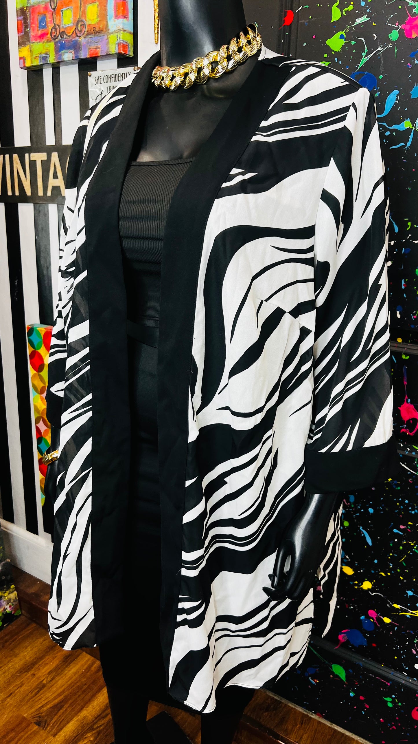 Vintage Open Black & White Sheer Duster (OS) up to 22