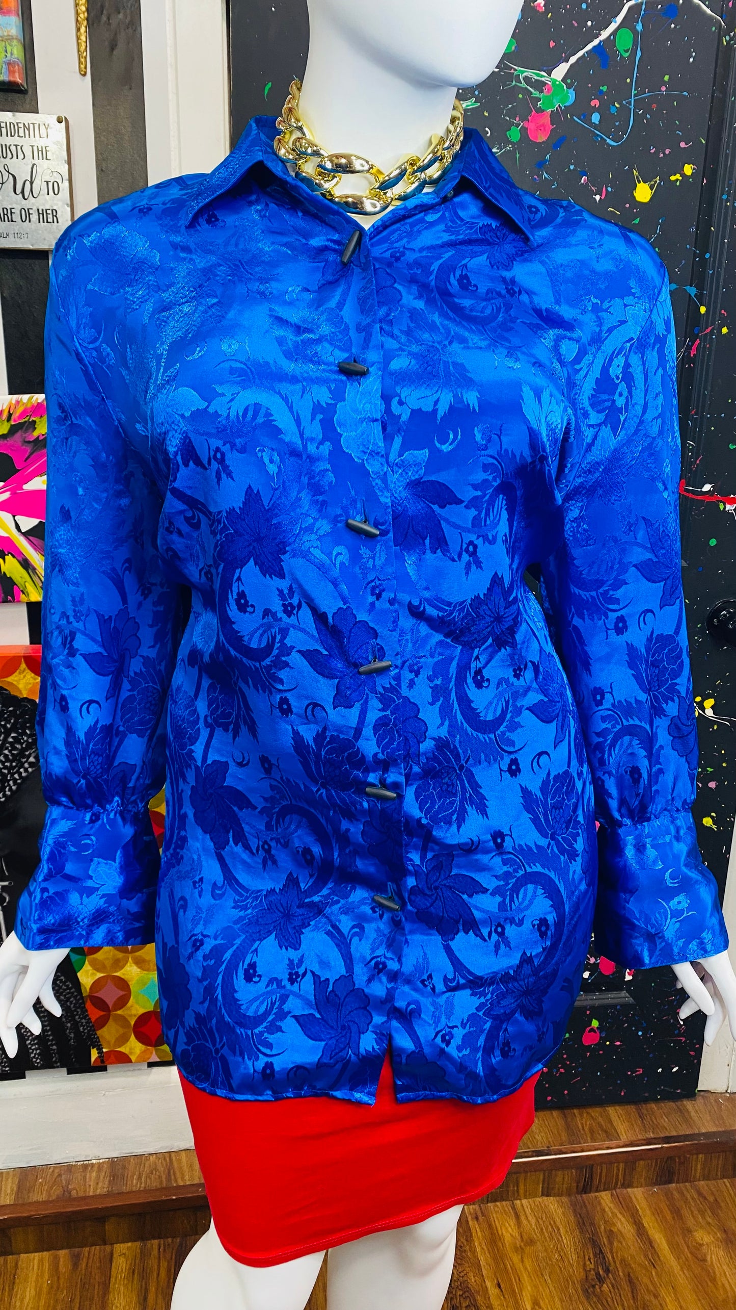 Vintage Solid Blue Paisley Print Blouse (26W)