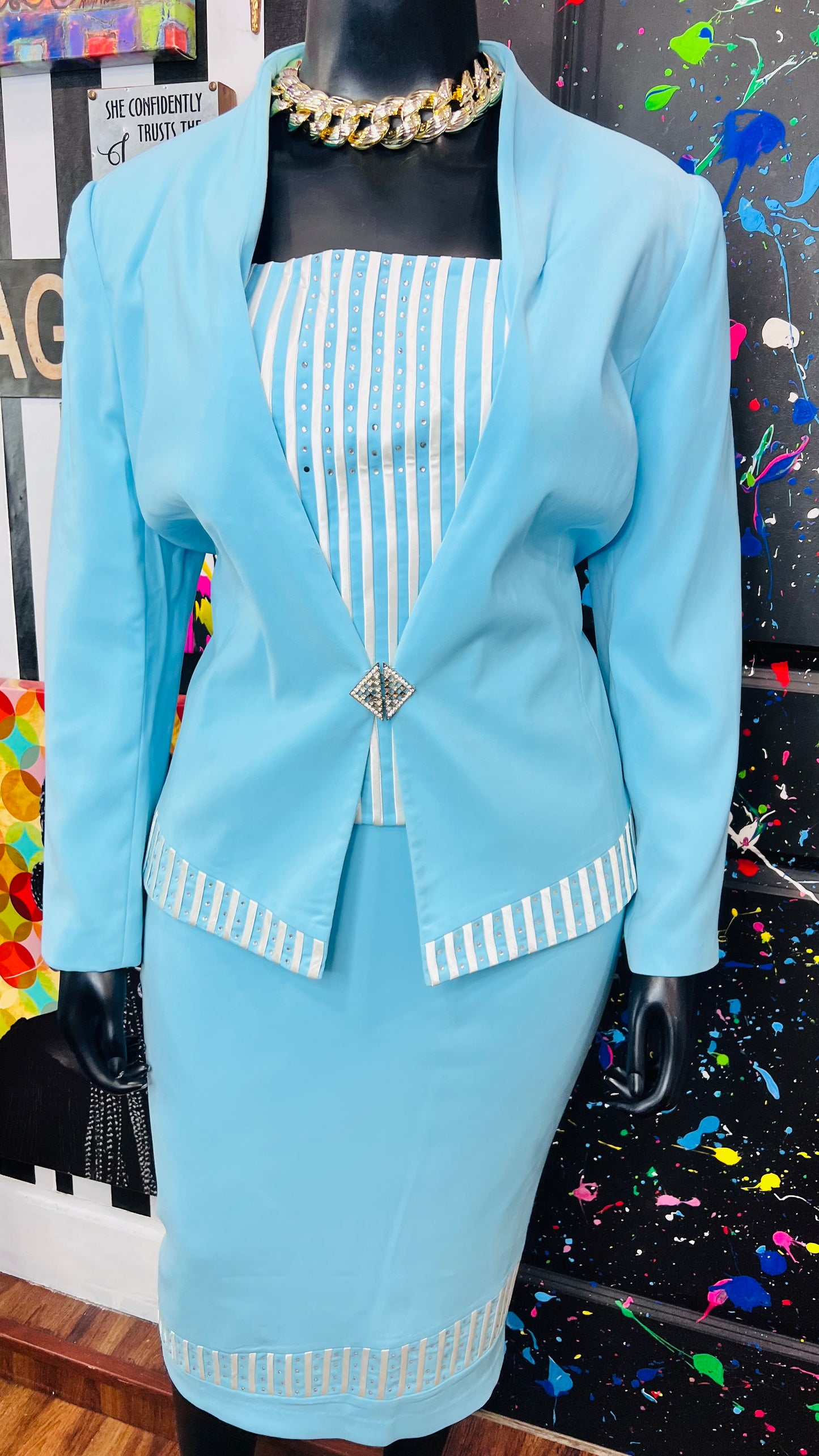 Vintage Blue & White Skirt Suit (18)
