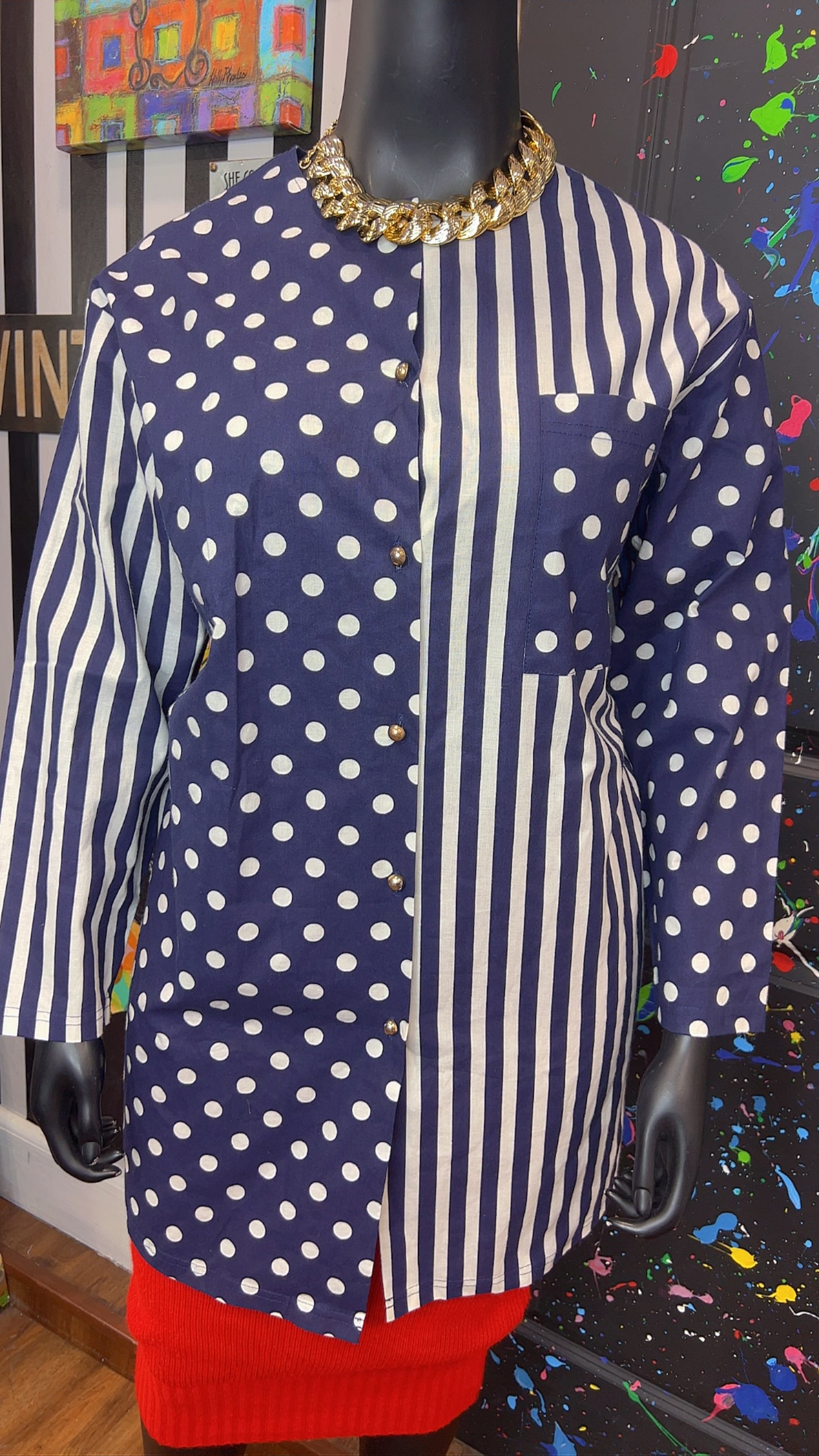 Vintage Navy Blue & White Mix Print Blouse (16)