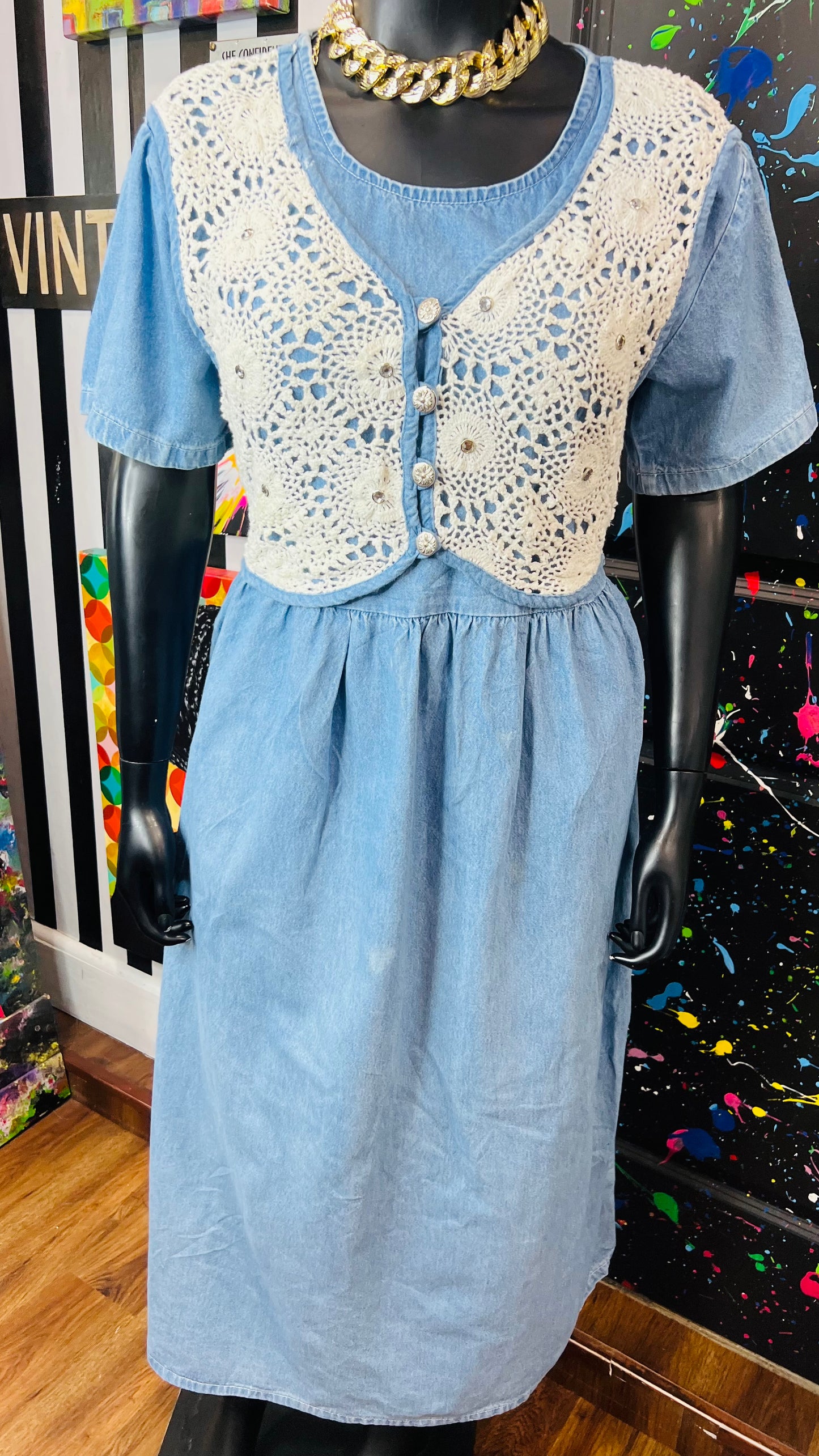Plus Size Vintage Denim Dress w/ Attached Vest & Studds (16)