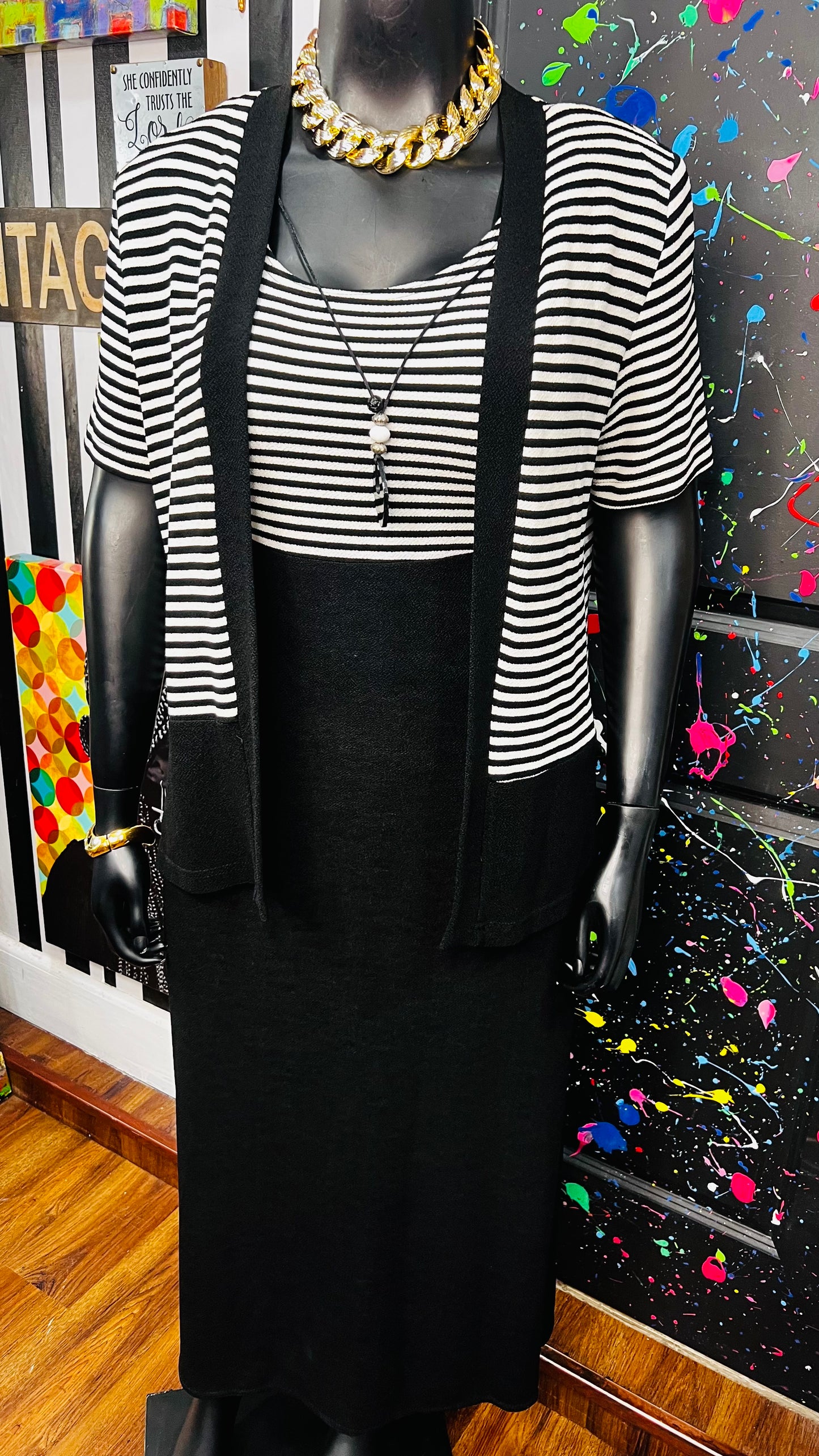 Vintage Black & White Striped Dress Set - Stretchy & Comfy (14)