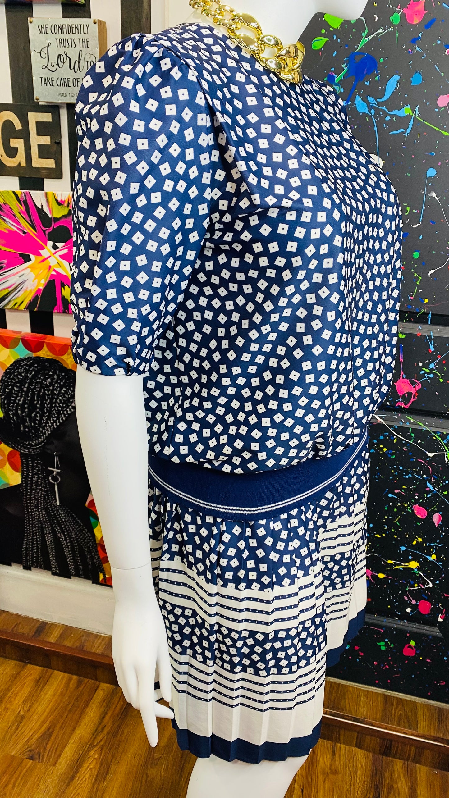 Vintage Navy Blue Polka Dot & Squares Skirt Set (18)