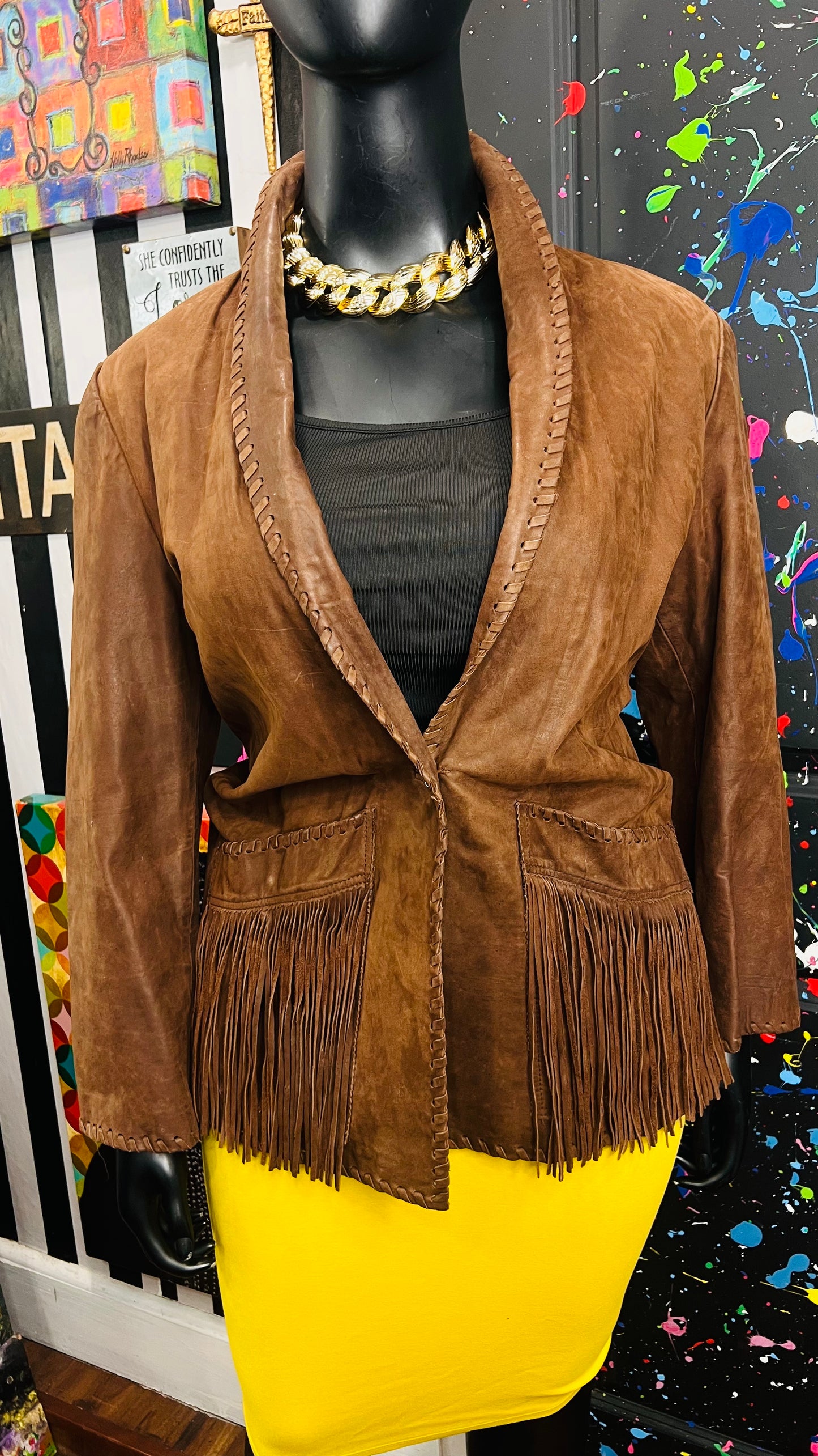 Vintage Genuine Leather Brown Fringe Blazer (18)