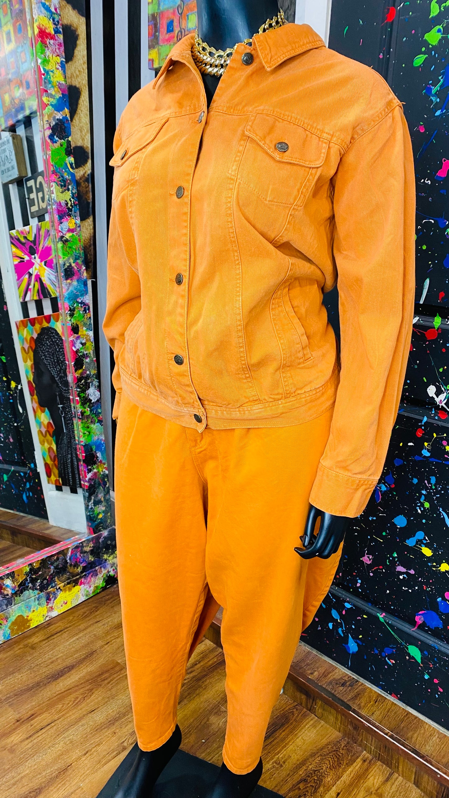 Vintage 90’s Red Denim Set- Orange Jeans & Denim Jacket (26W)