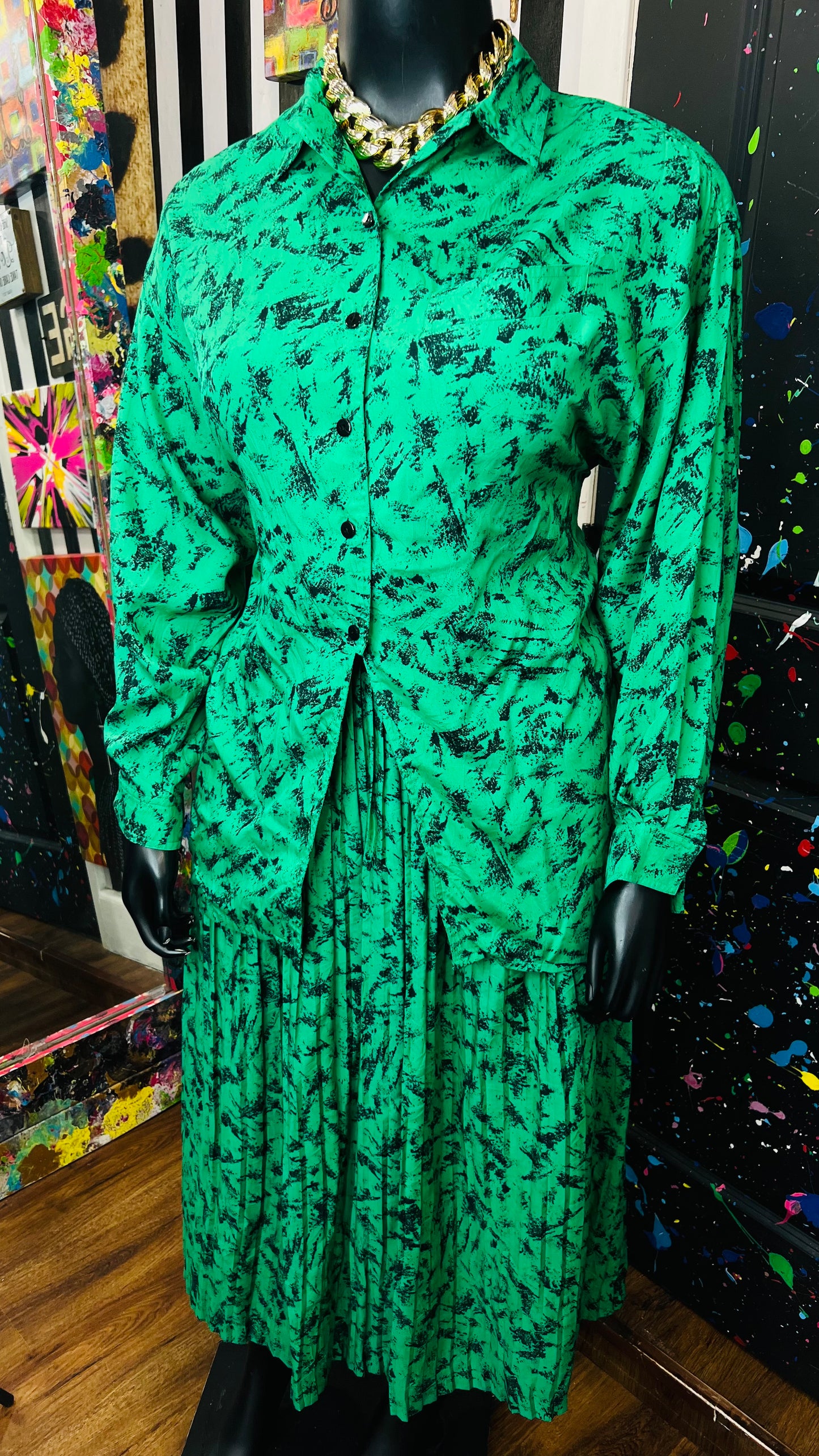 Vintage Green & Black Abstract Skirt Set (16/18)