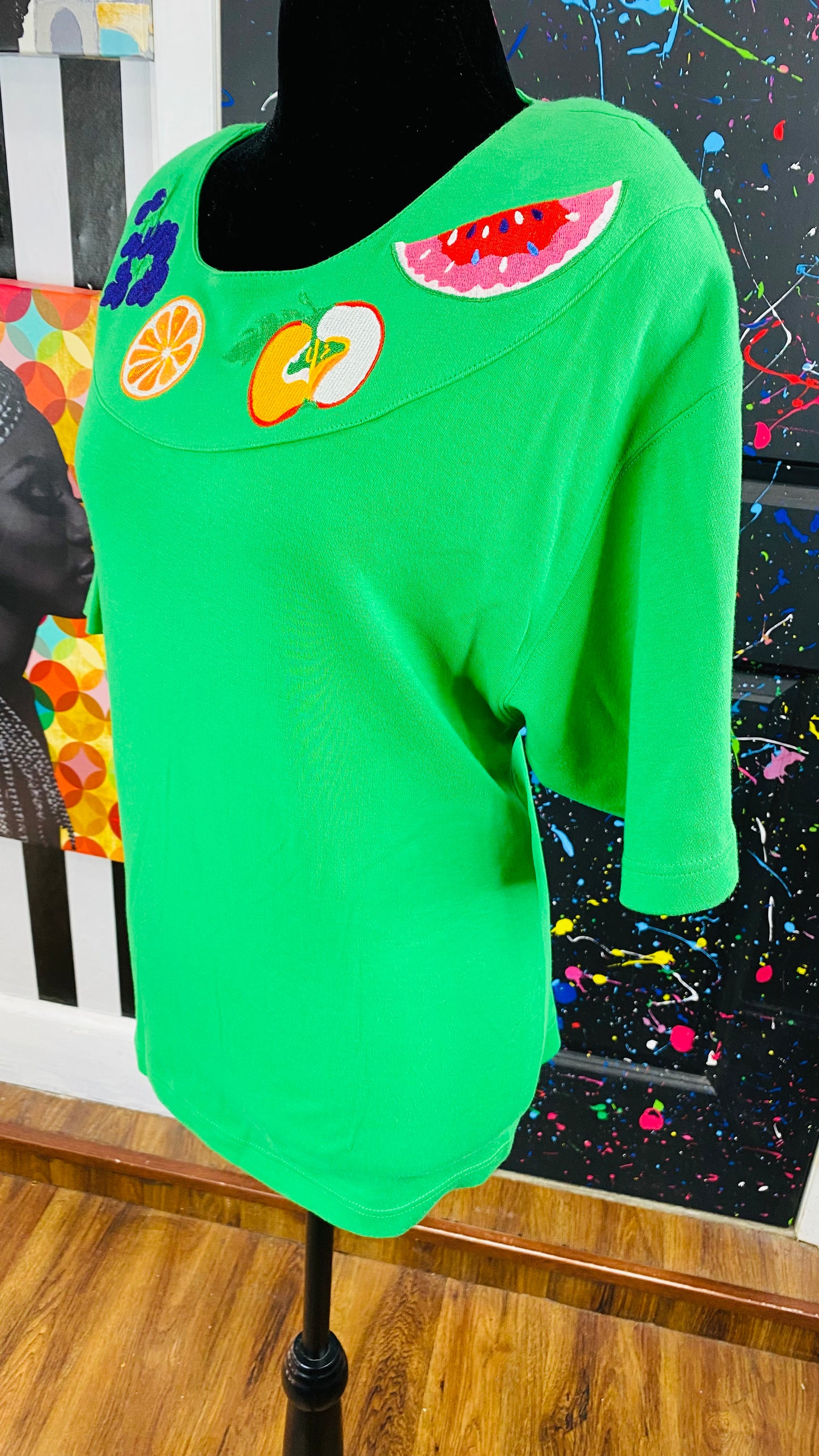 Vintage Green Fruit Print Short Sleeve Blouse