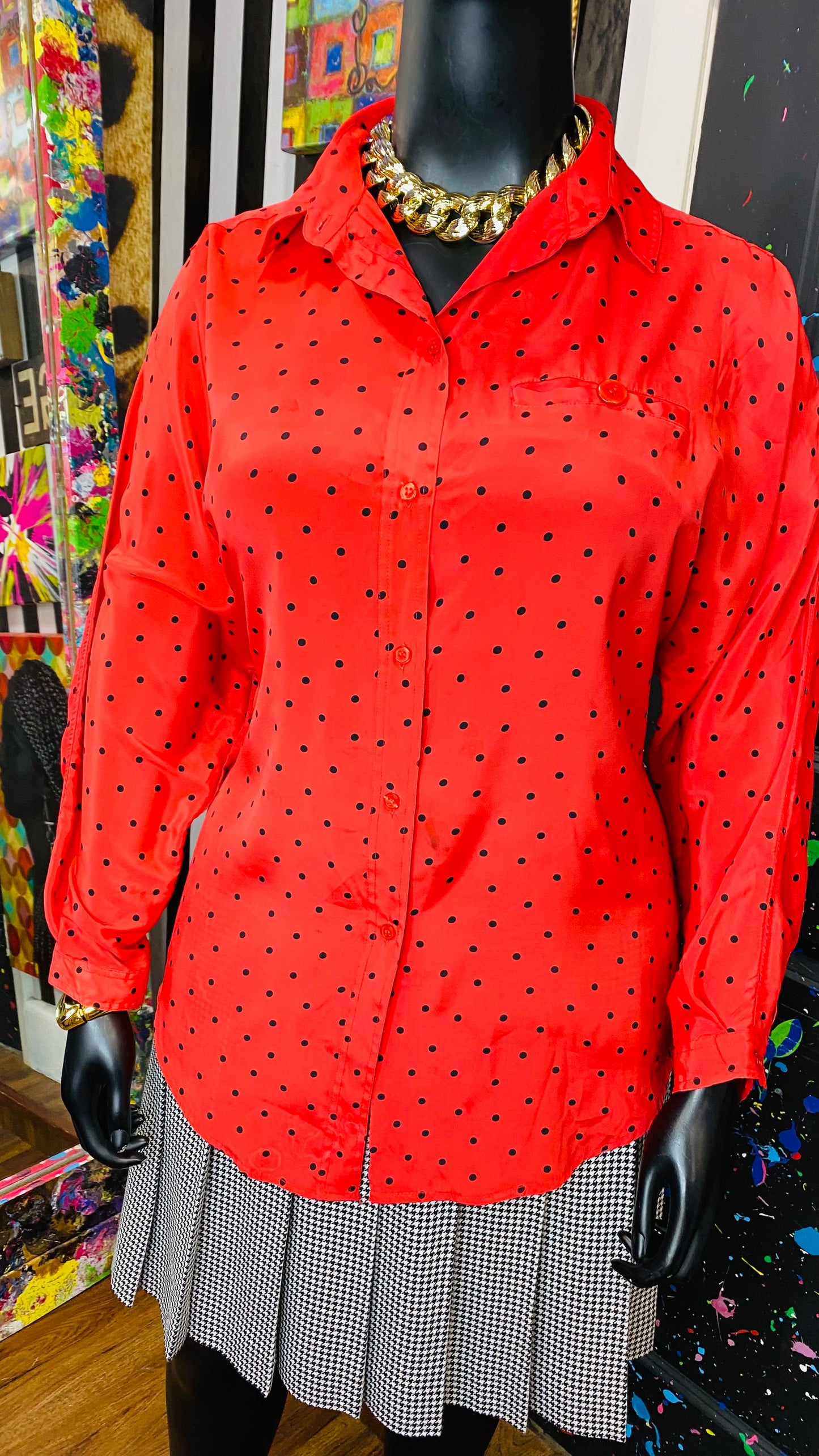 Vintage Red & Black Polka Dot Blouse (20)
