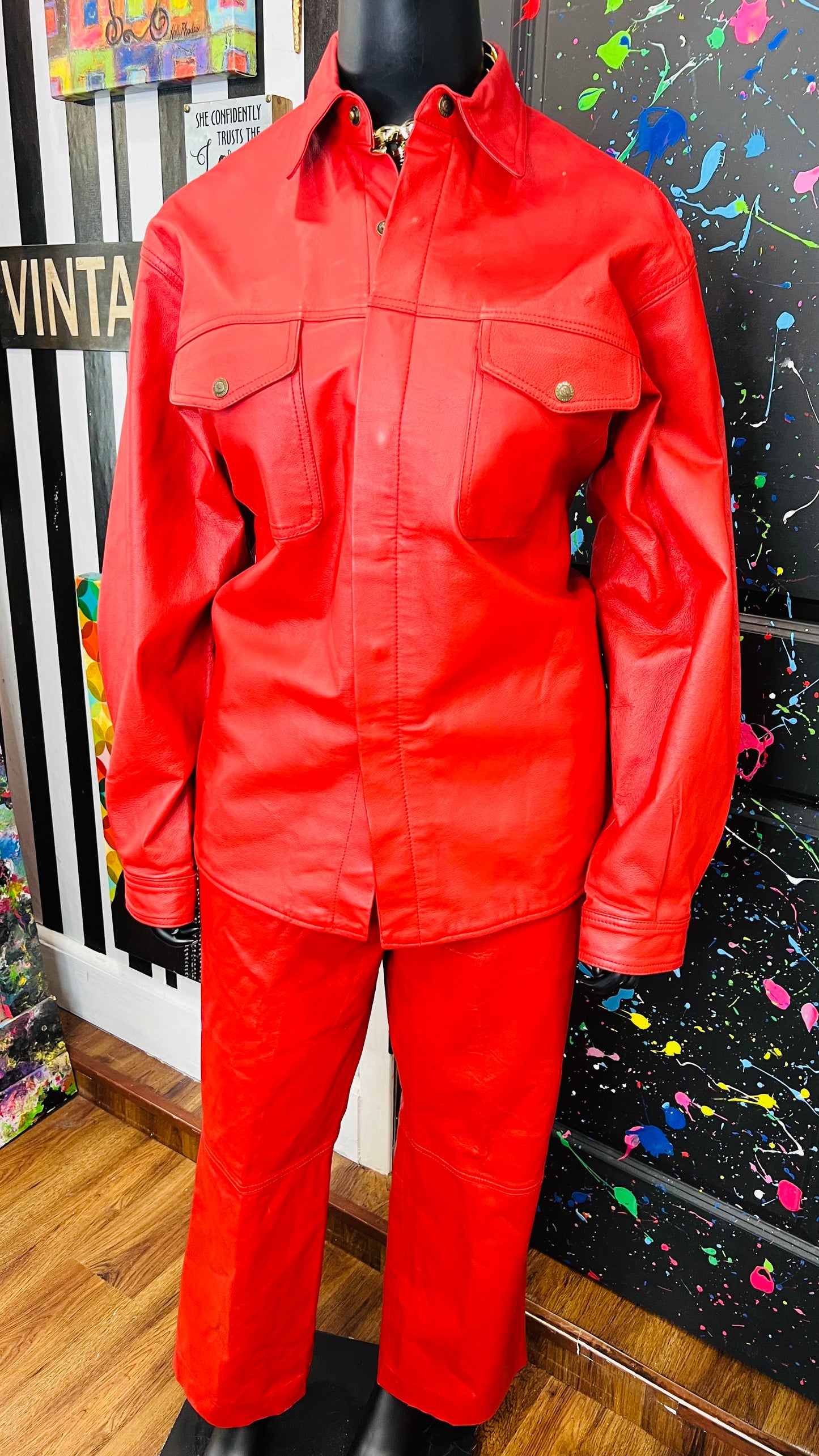 Vintage Red Genuine Leather Pants Set (16/18)