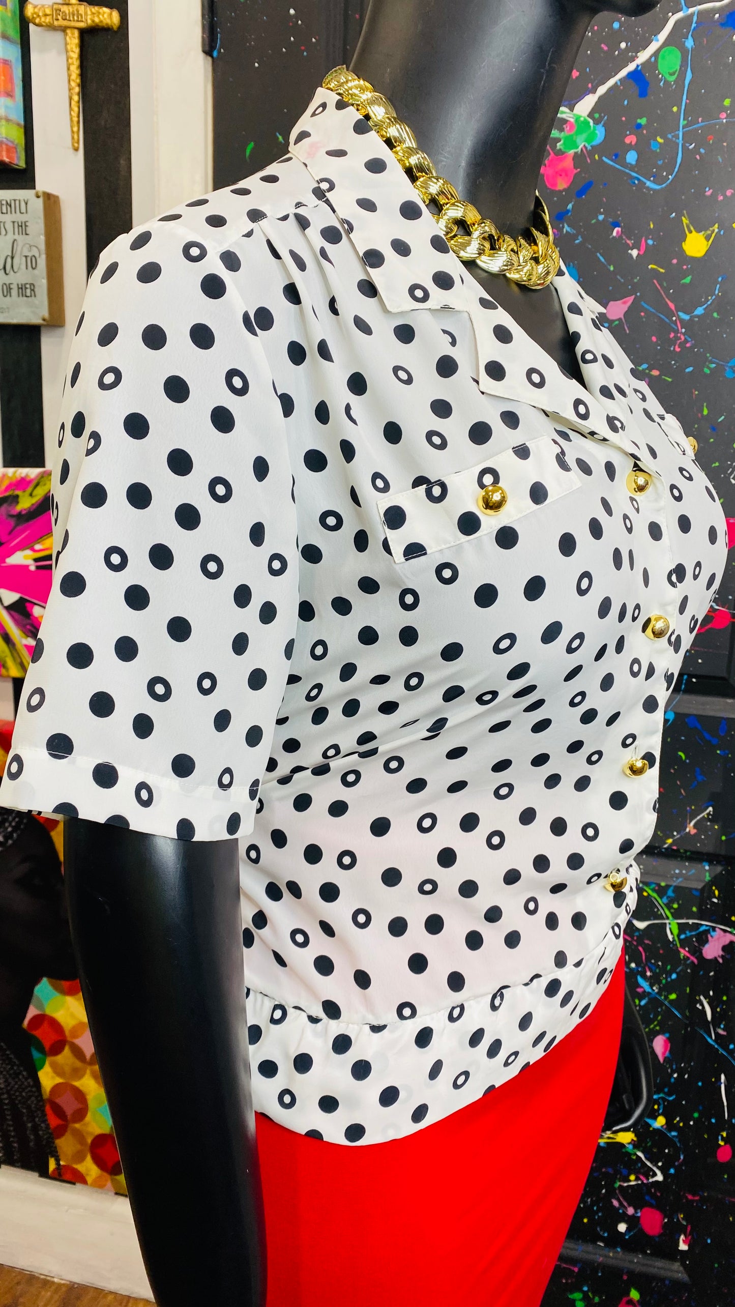 Vintage White & Black Polka Dot Blouse (14/16)