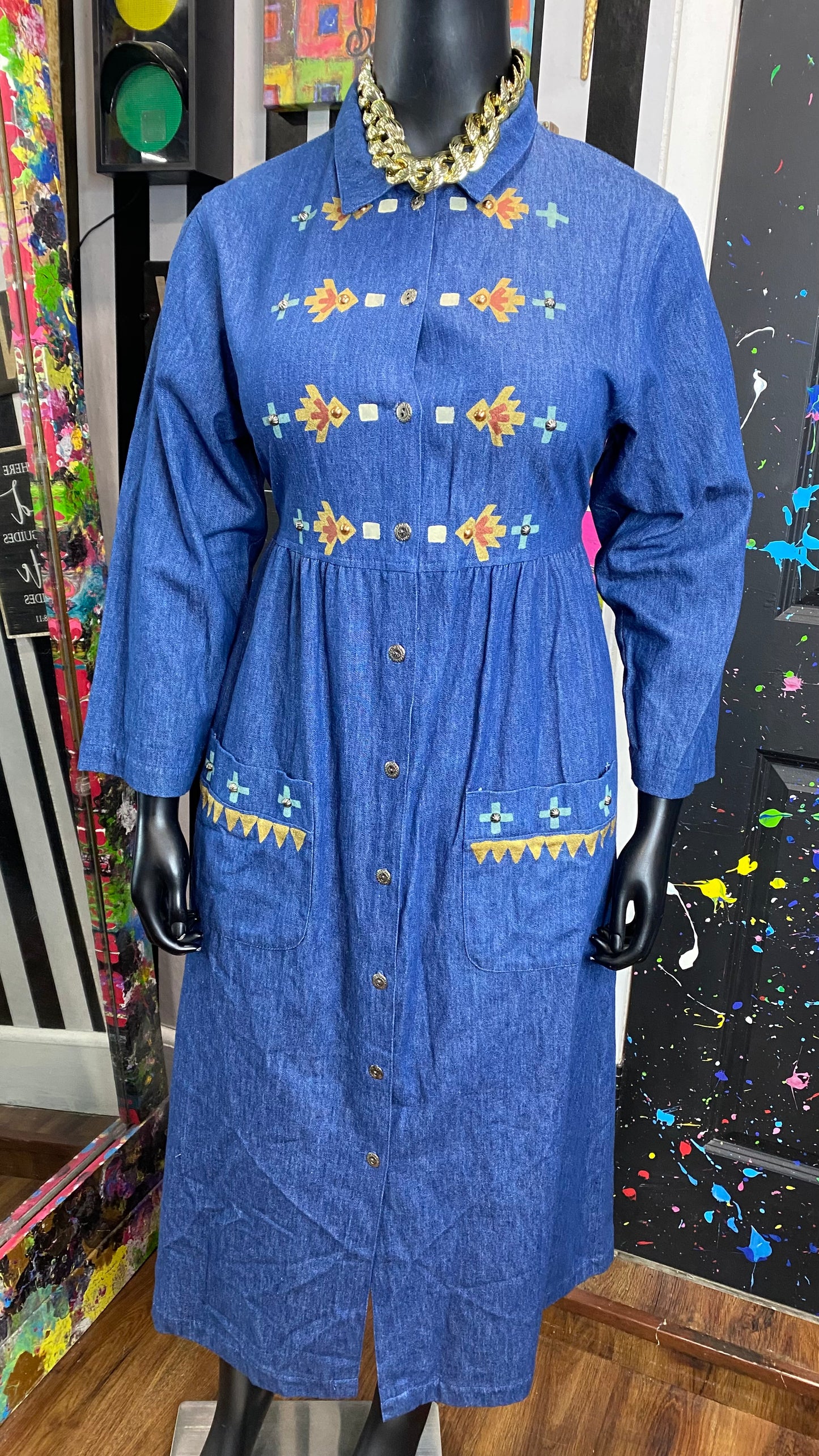 Vintage Denim Tribal Print Dress (12)