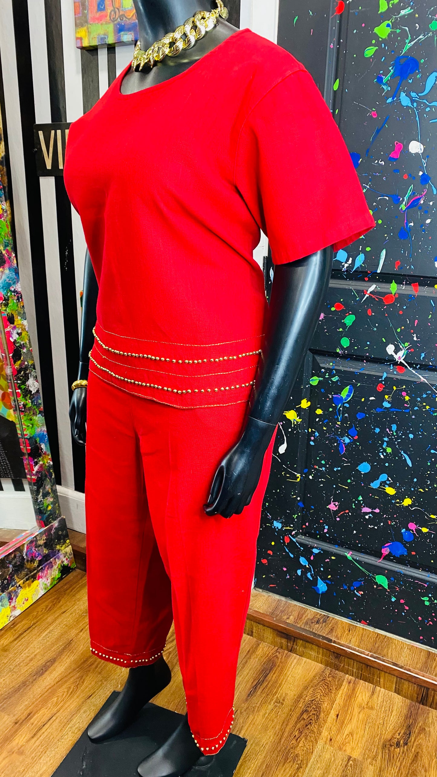 Vintage Traditional African Red & Gold Beaded 3 Piece Cotton Pants Set (14)
