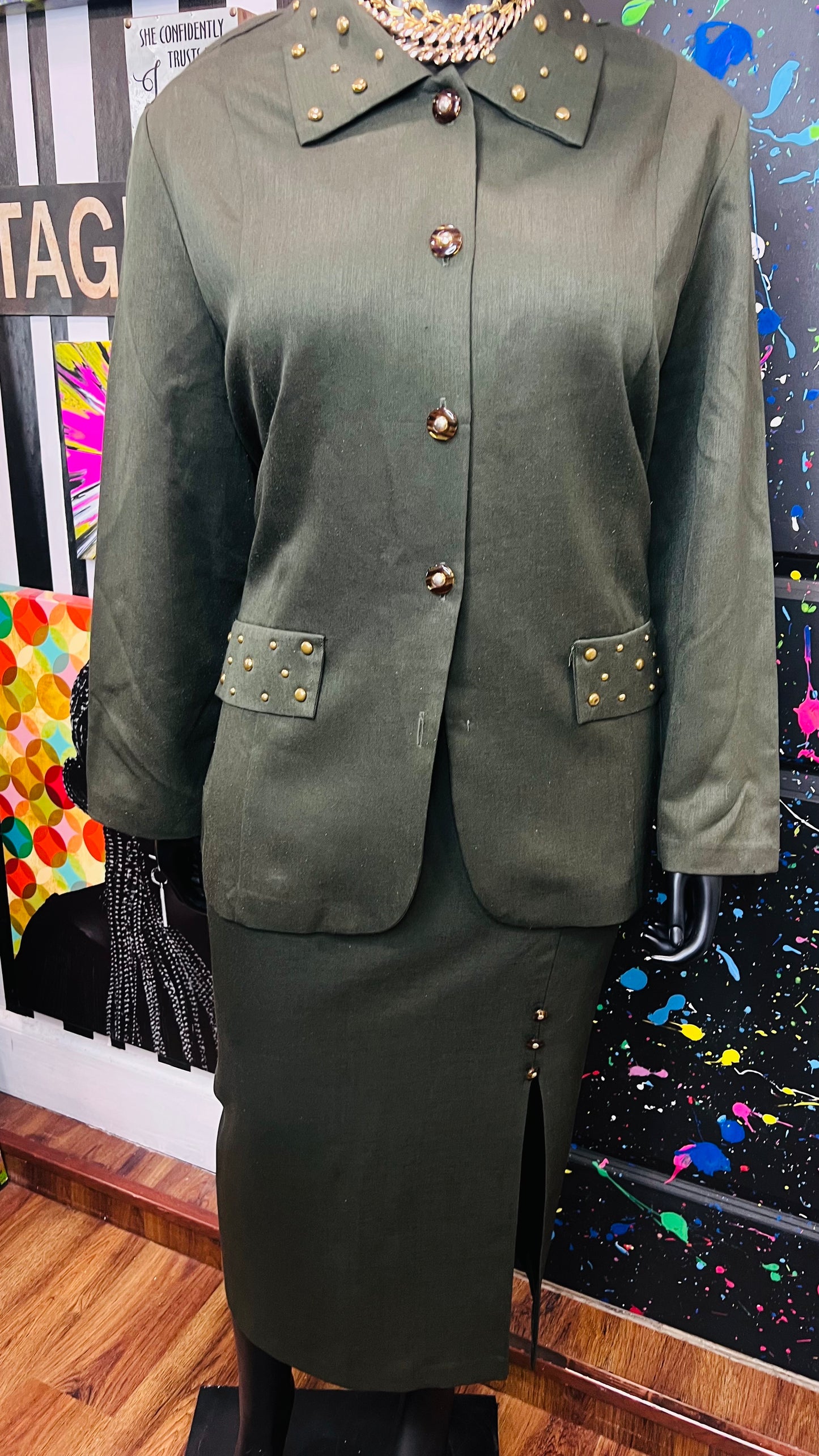 Vintage Army Green Studded Skirt Set (24W)