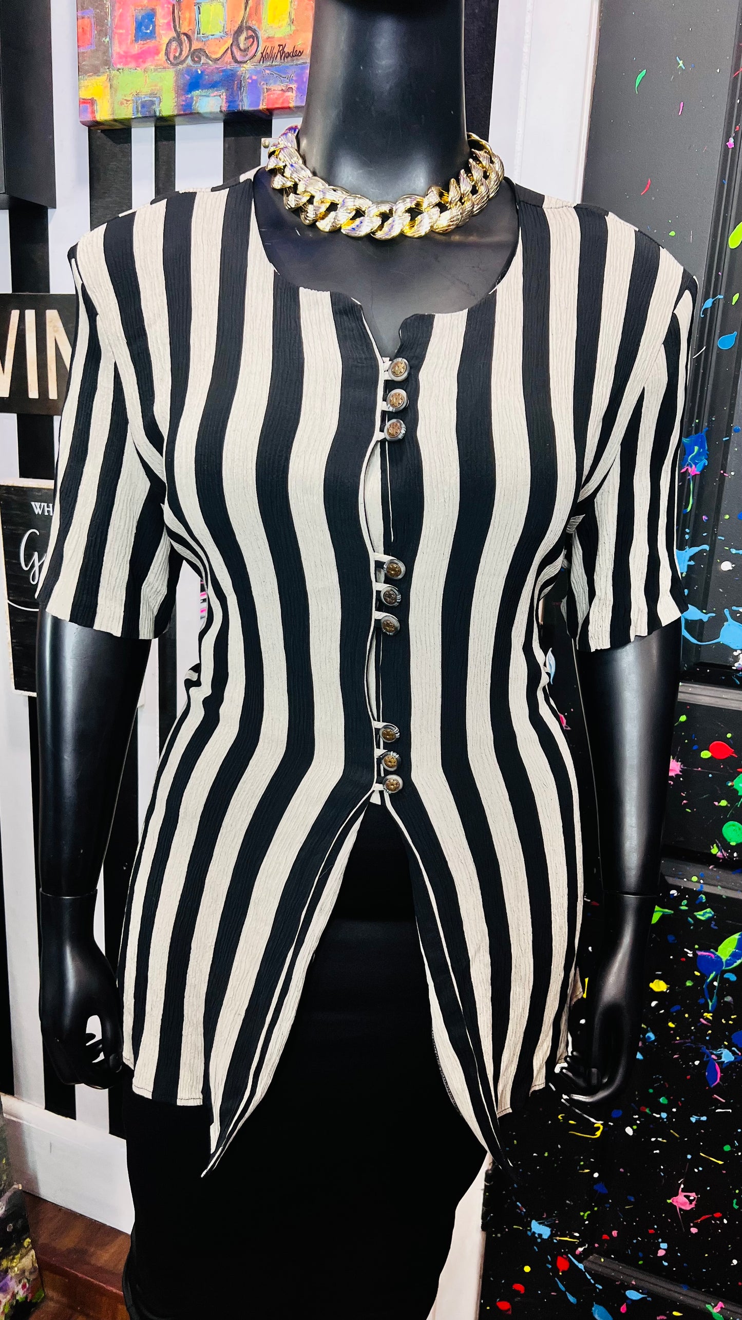 Vintage Beige & Black Striped Blouse (20)