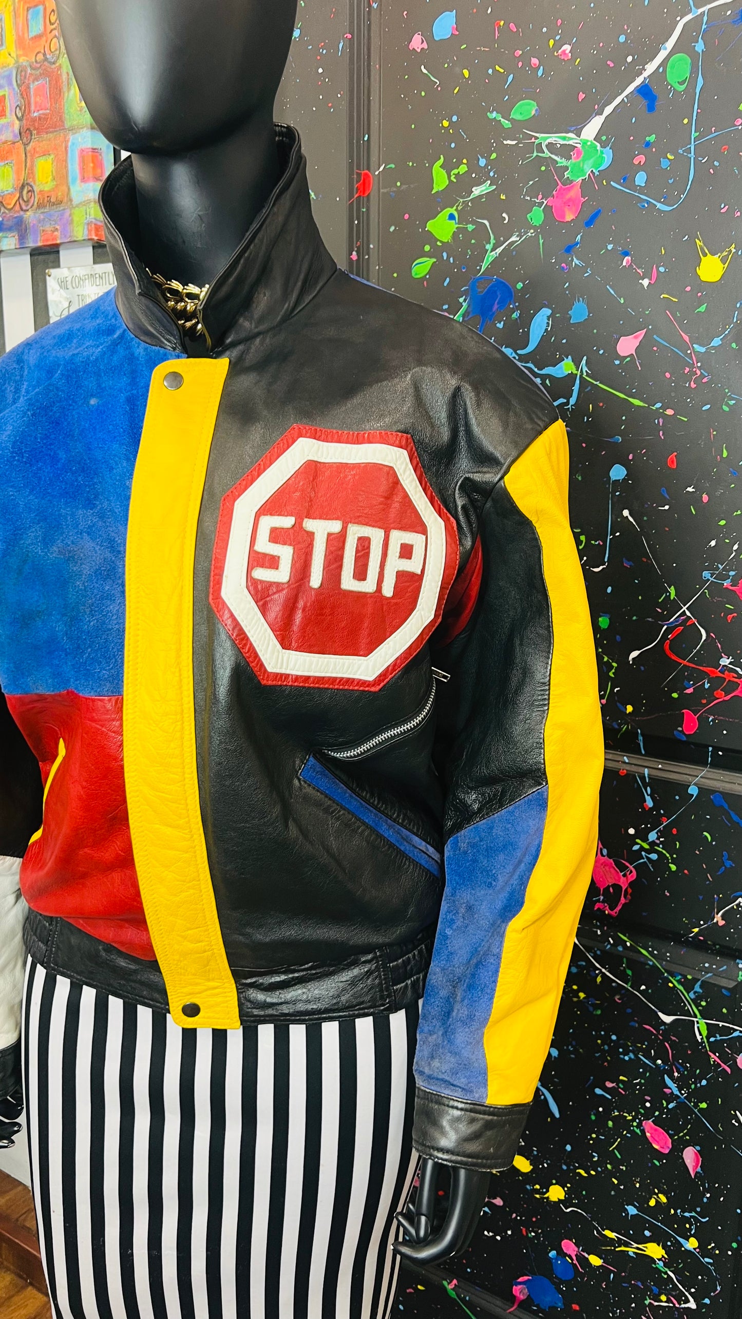 Vintage Road Sign Genuine Leather & Suede Jacket (20/22)