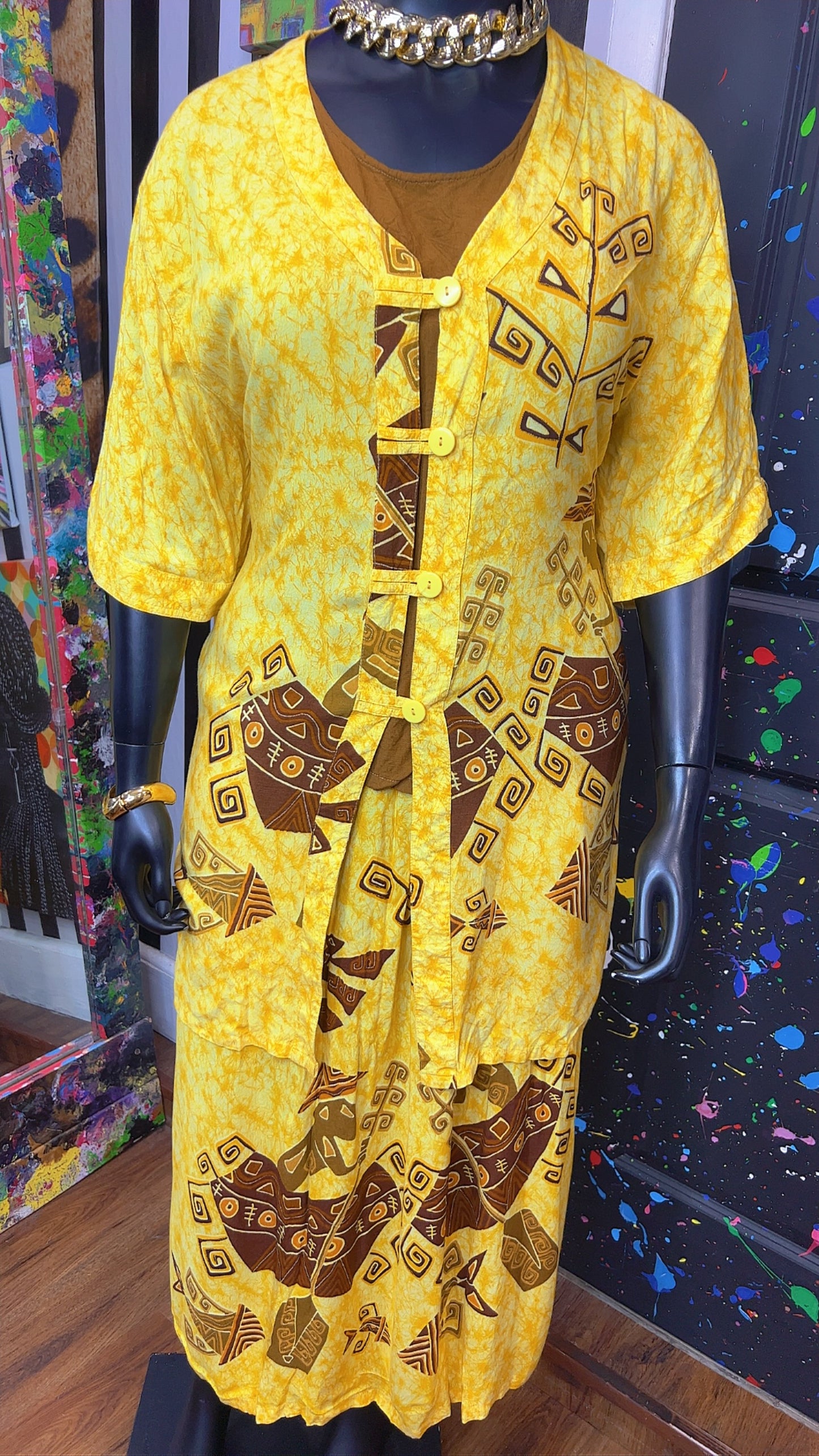 Vintage Rayon Tribal Yellow Skirt Set (18)