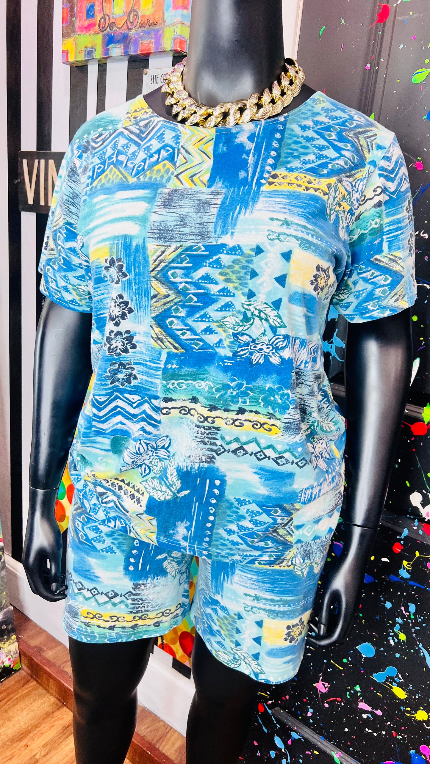 Vintage Cotton Blue Abstract Short Set (18)