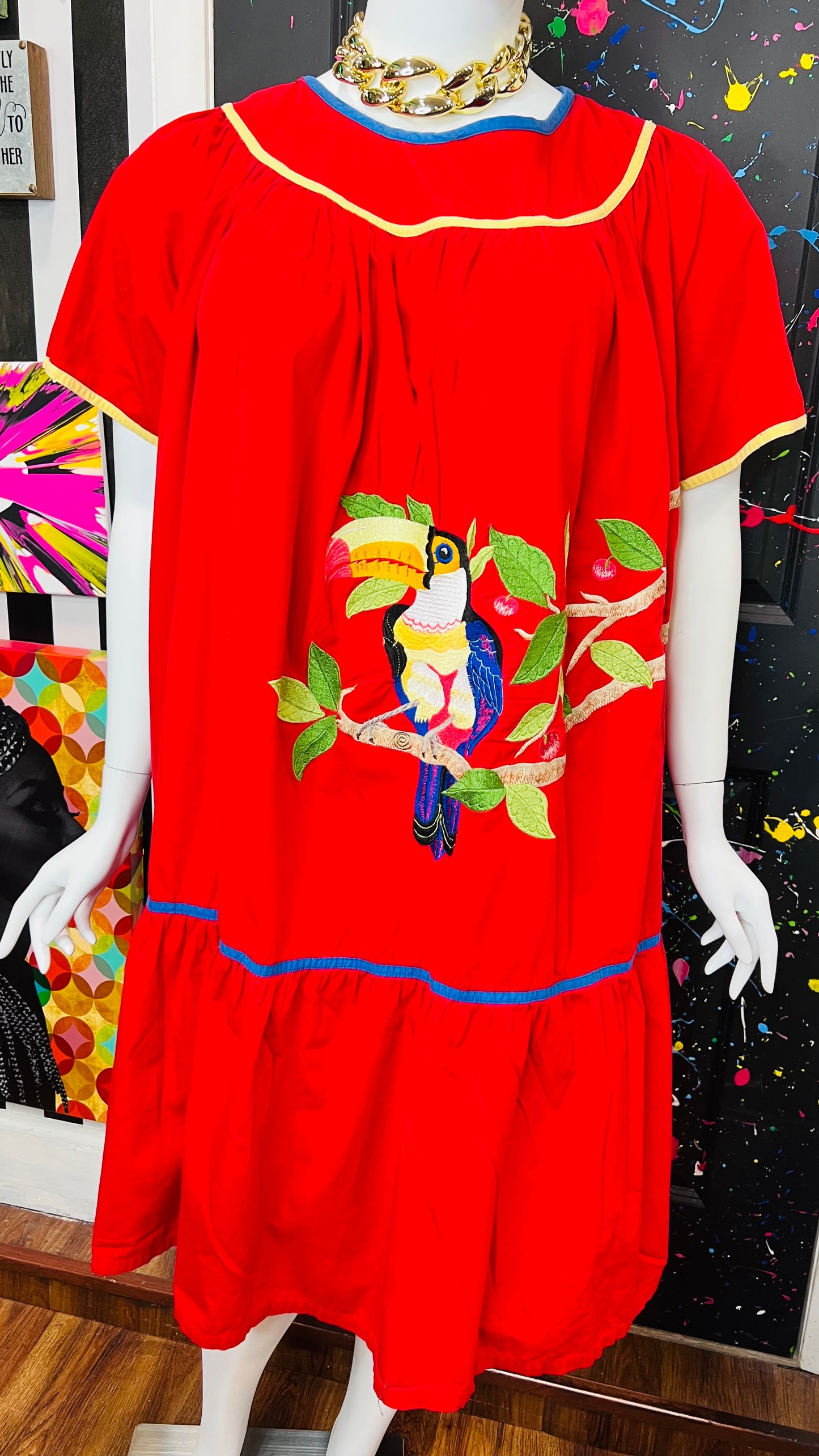 Vintage Cotton Red Parrot House Dress w/Pockets (22/24)