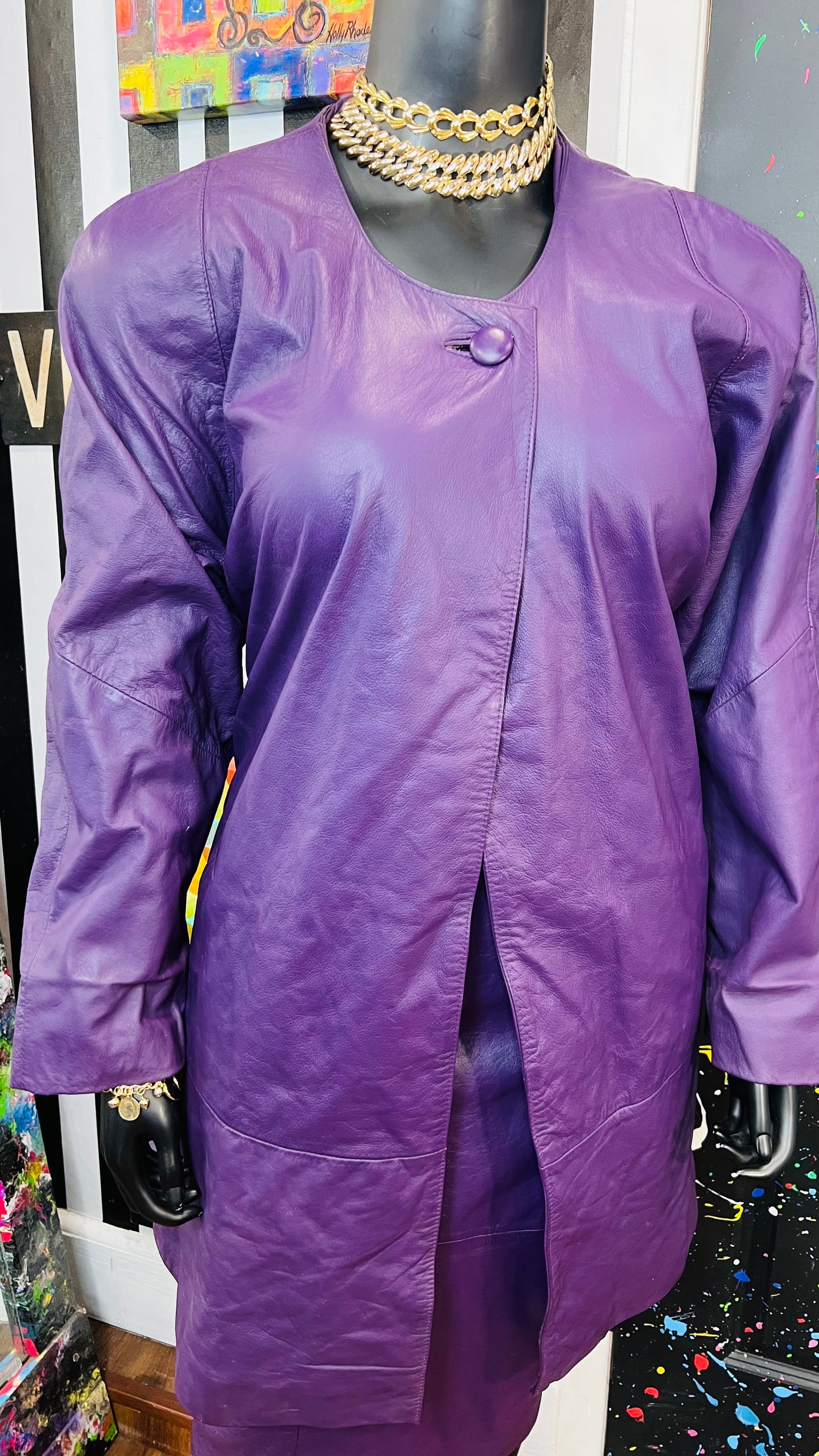Vintage Genuine Leather Purple Swing Coat & Skirt Set (22)