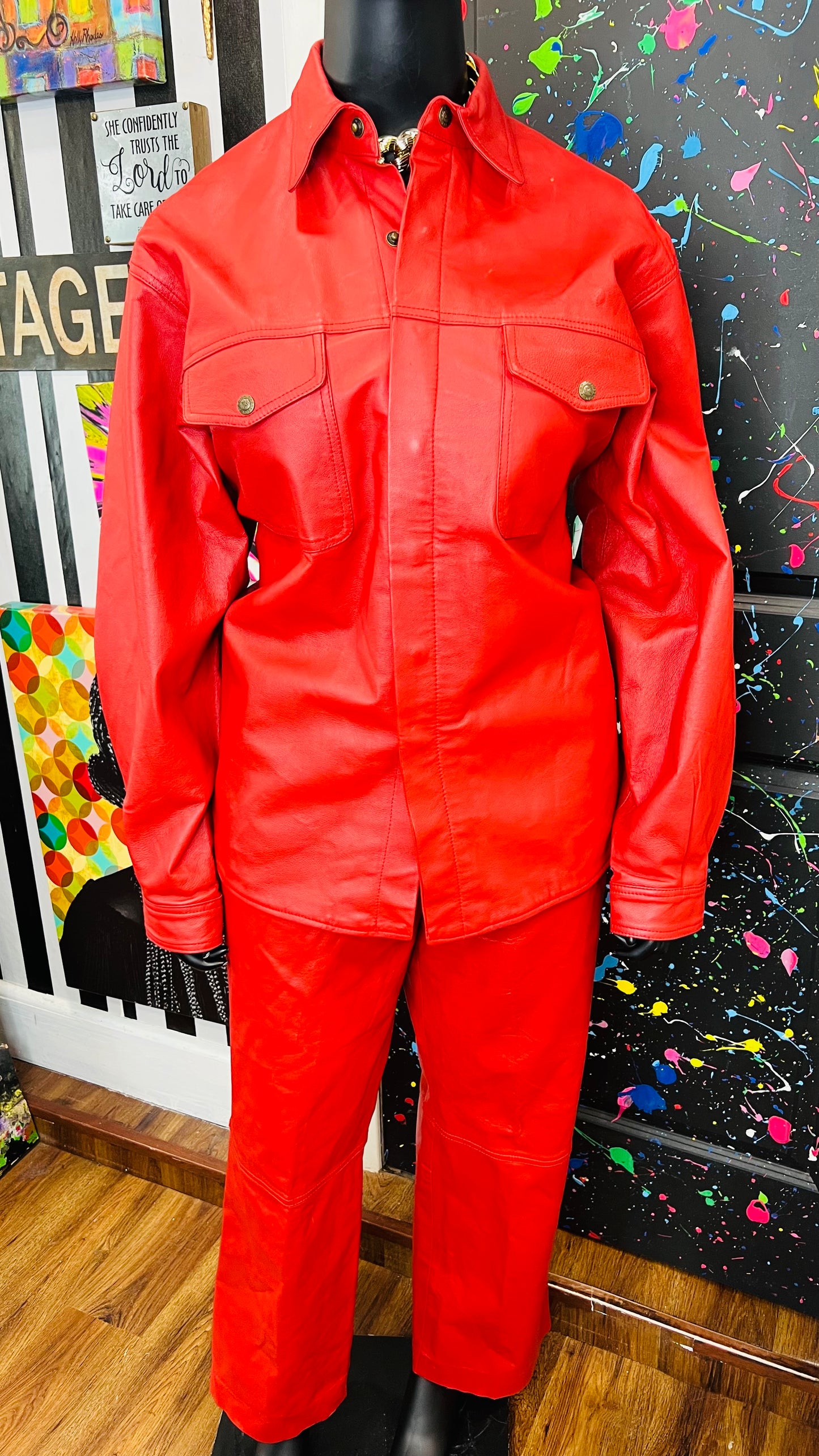 Vintage Red Genuine Leather Pants Set (16/18)