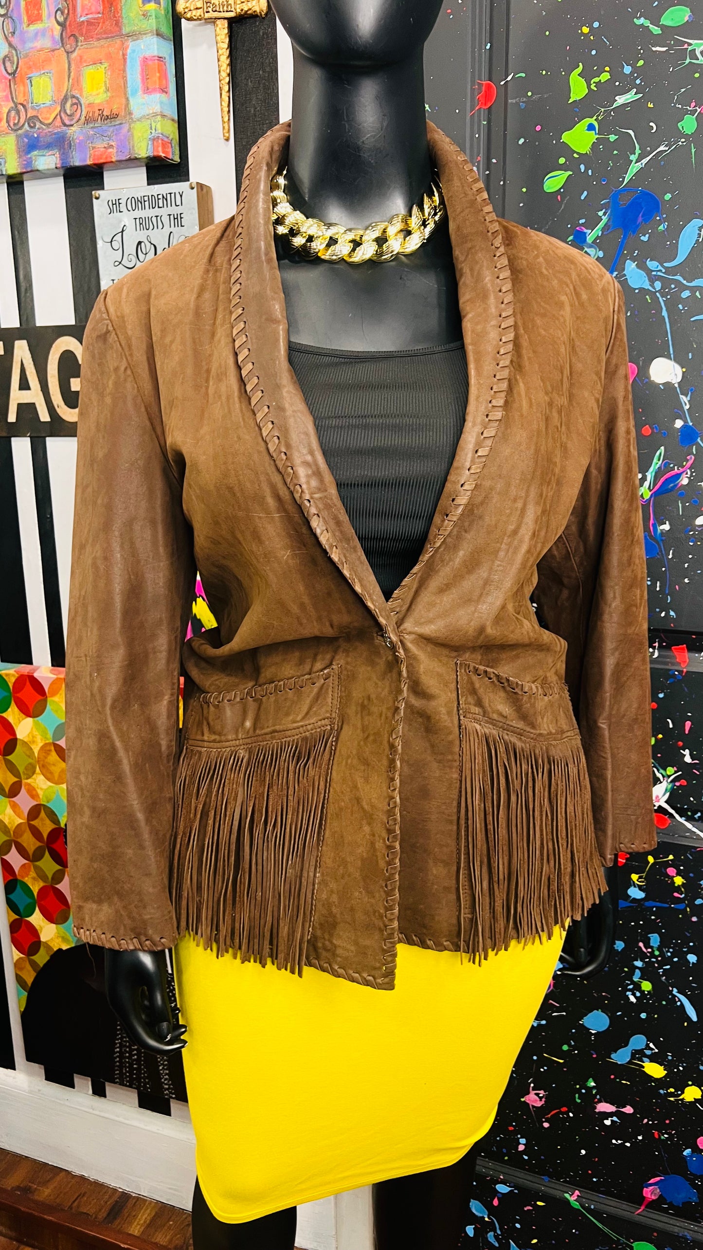 Vintage Genuine Leather Brown Fringe Blazer (18)
