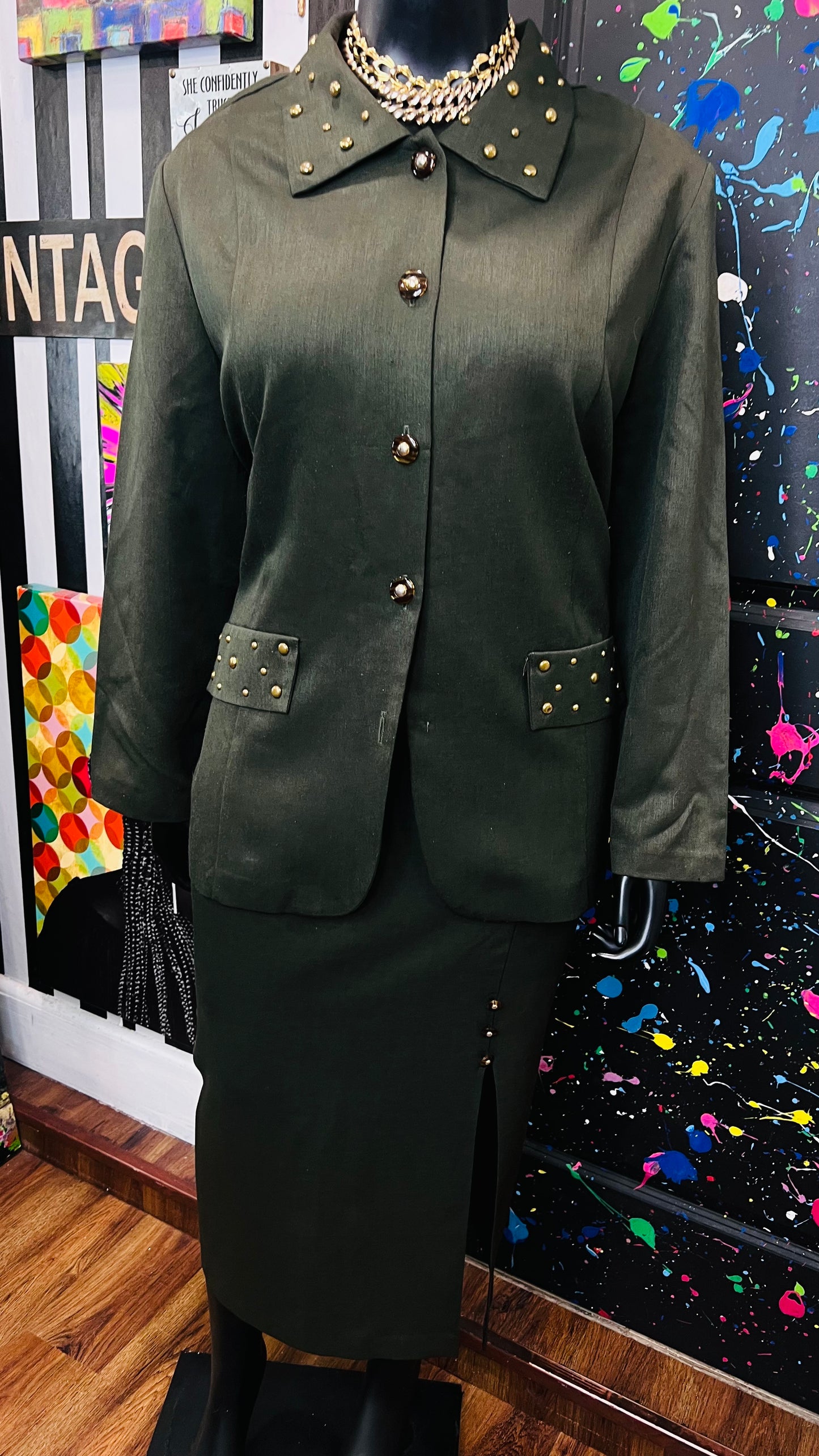 Vintage Army Green Studded Skirt Set (24W)