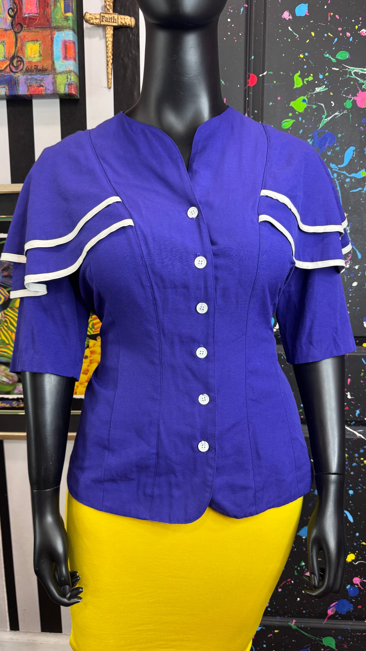 Vintage Chic Purple & White Ruffle Blouse (18) *KC