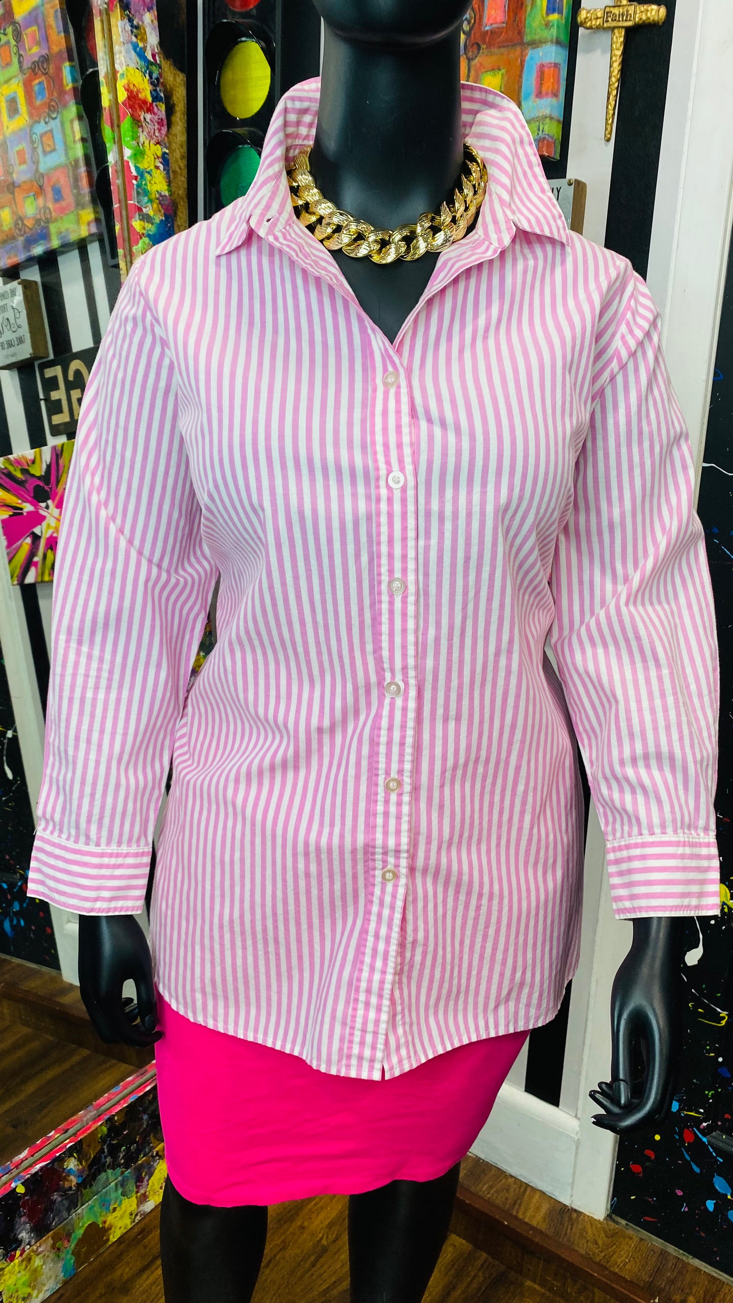 Plus Size Vintage Pink & White Striped Blouse (22)
