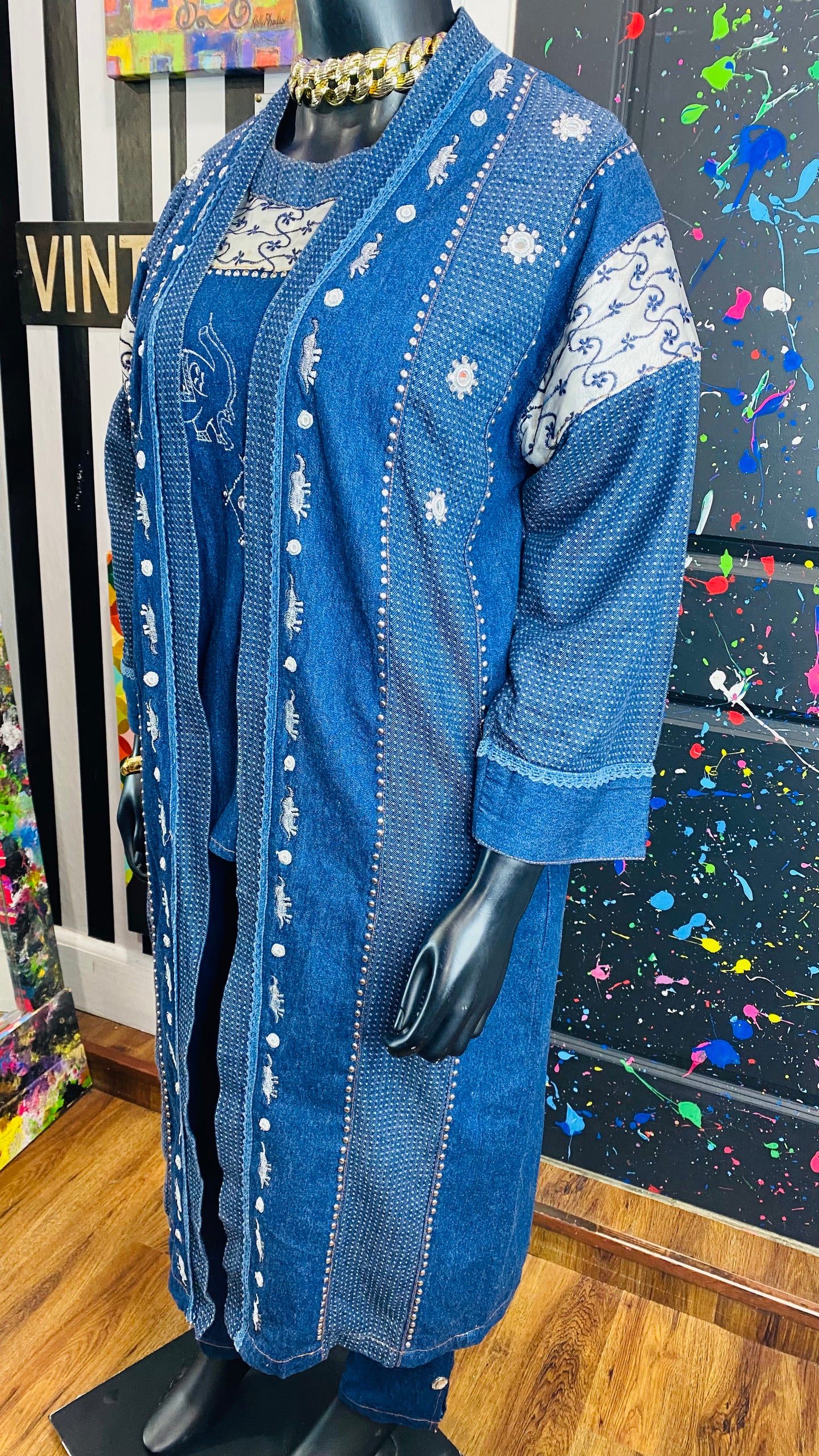 Vintage Denim Embroidered & Jeweled 3 Piece Pants Set (14)