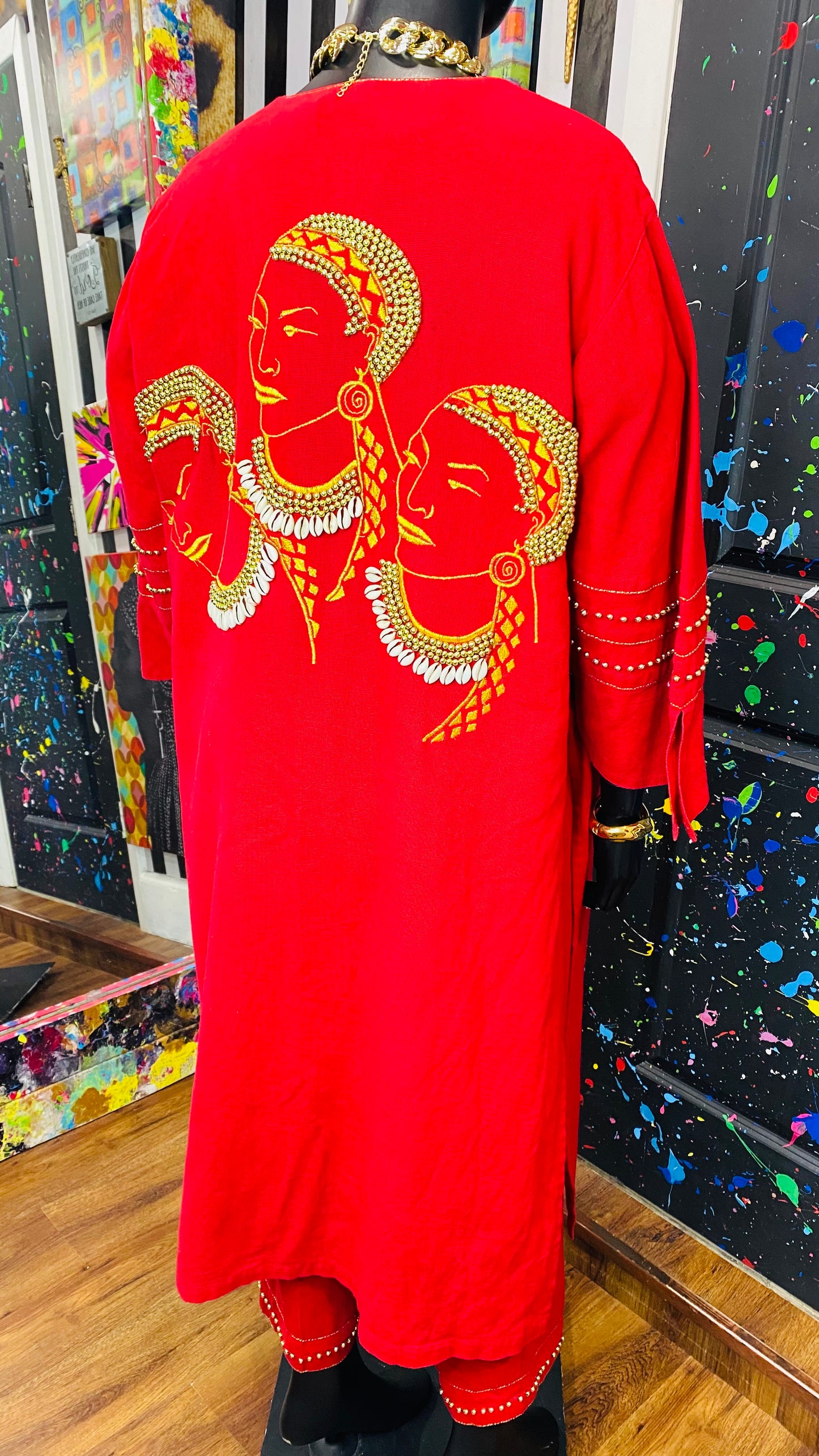 Vintage Traditional African Red & Gold Beaded 3 Piece Cotton Pants Set (14)