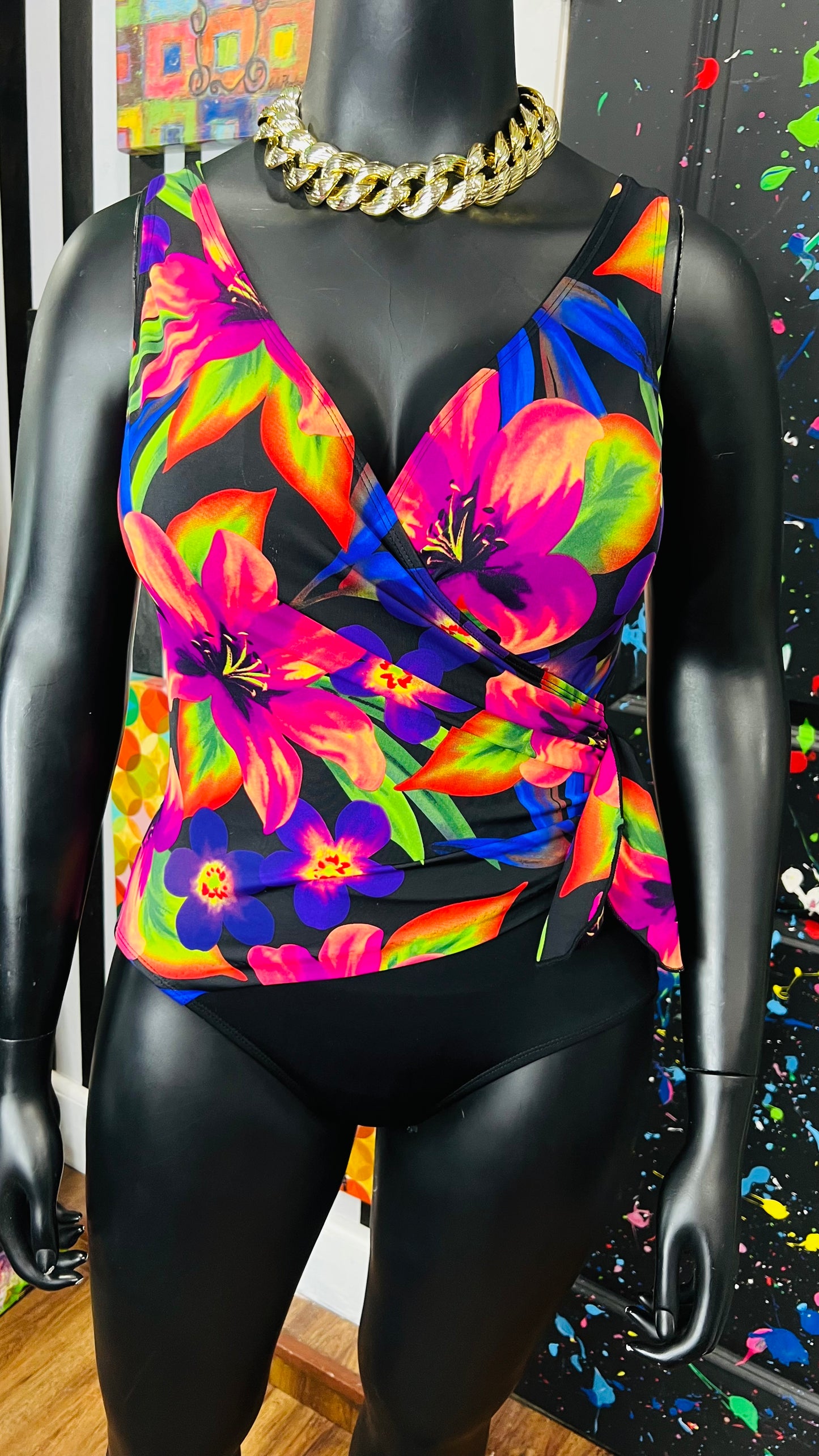 Vintage Black & Floral Neon Swimsuit (12)