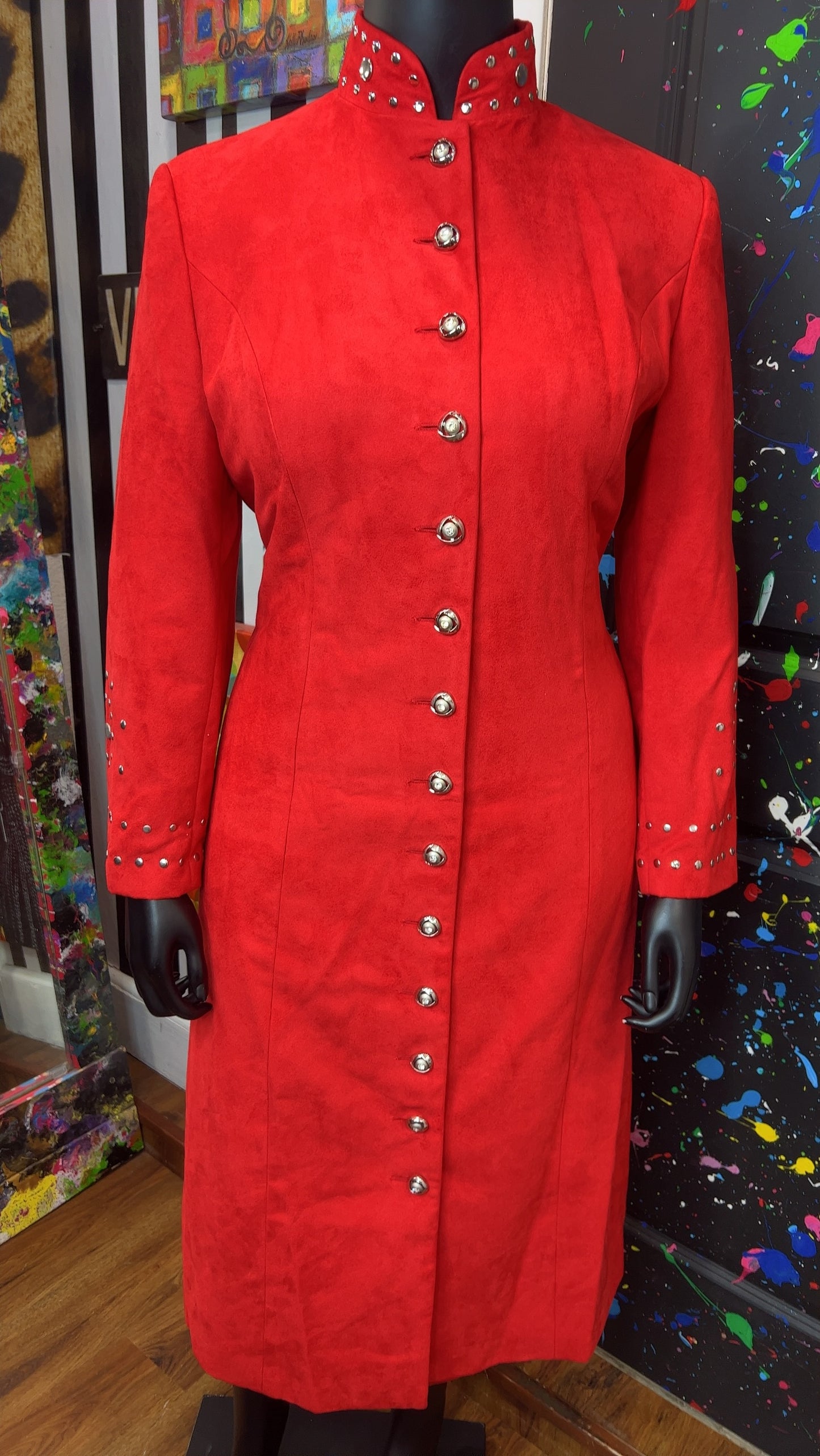 Vintage Studded Long Red Jacket & Skirt Suit (14W)