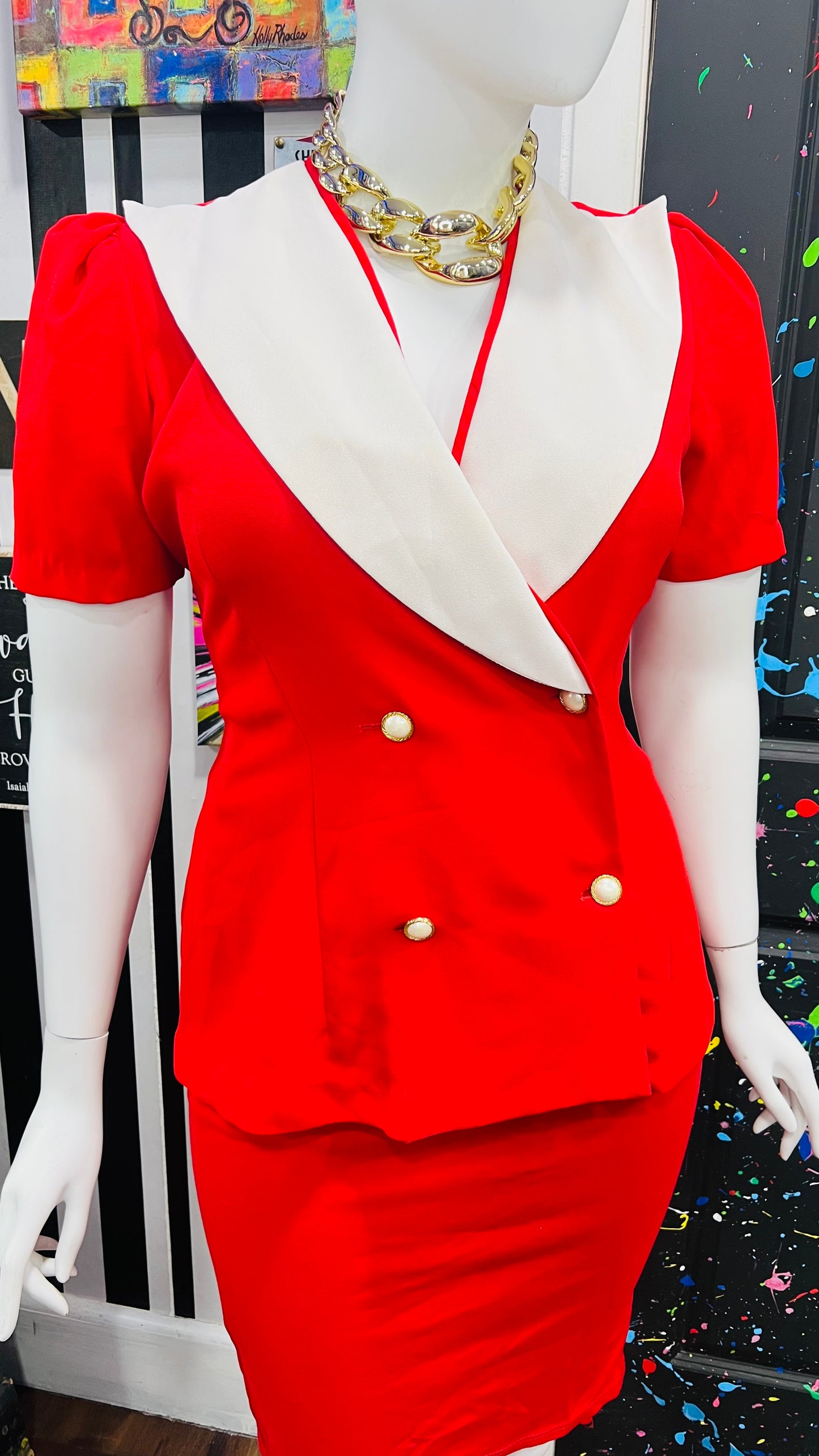 Vintage Red & White Blazer Blouse (18)