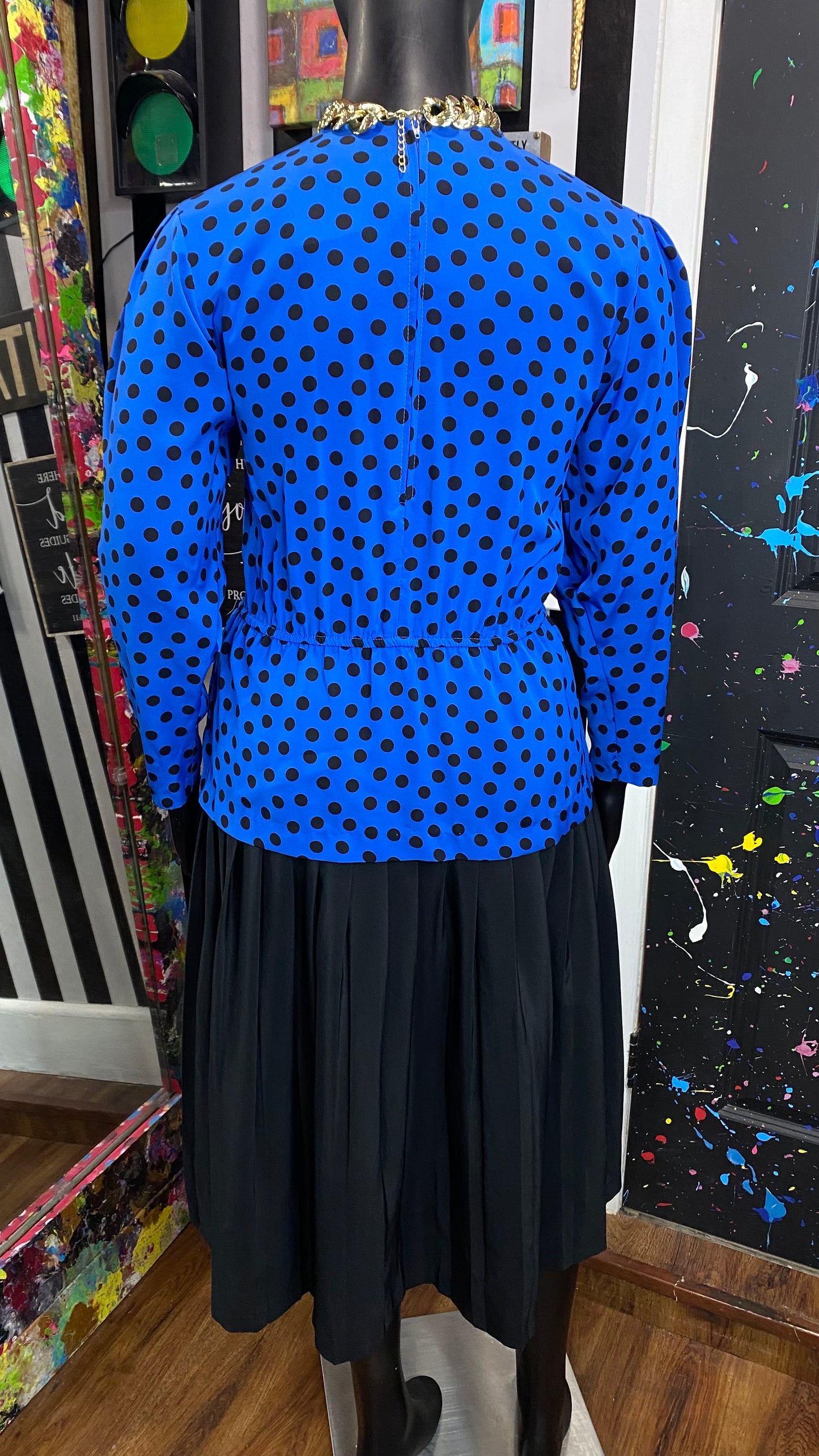 Vintage Black & Blue Polka Dot Dress (12)