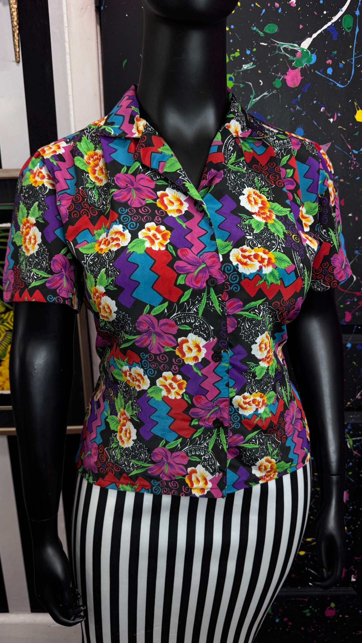 Vintage Floral Abstract Short Sleeve Blouse (14)